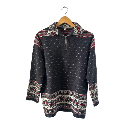 Pullover Damen Gr 44 Grau Norweger Muster Langarm Strick Winter Retro Skandi Style