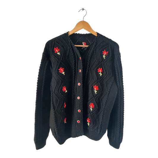 Trachtenjacke Damen Schwarz Gr 44 Stickerei Blumen Knöpfe Vintage Strickjacke