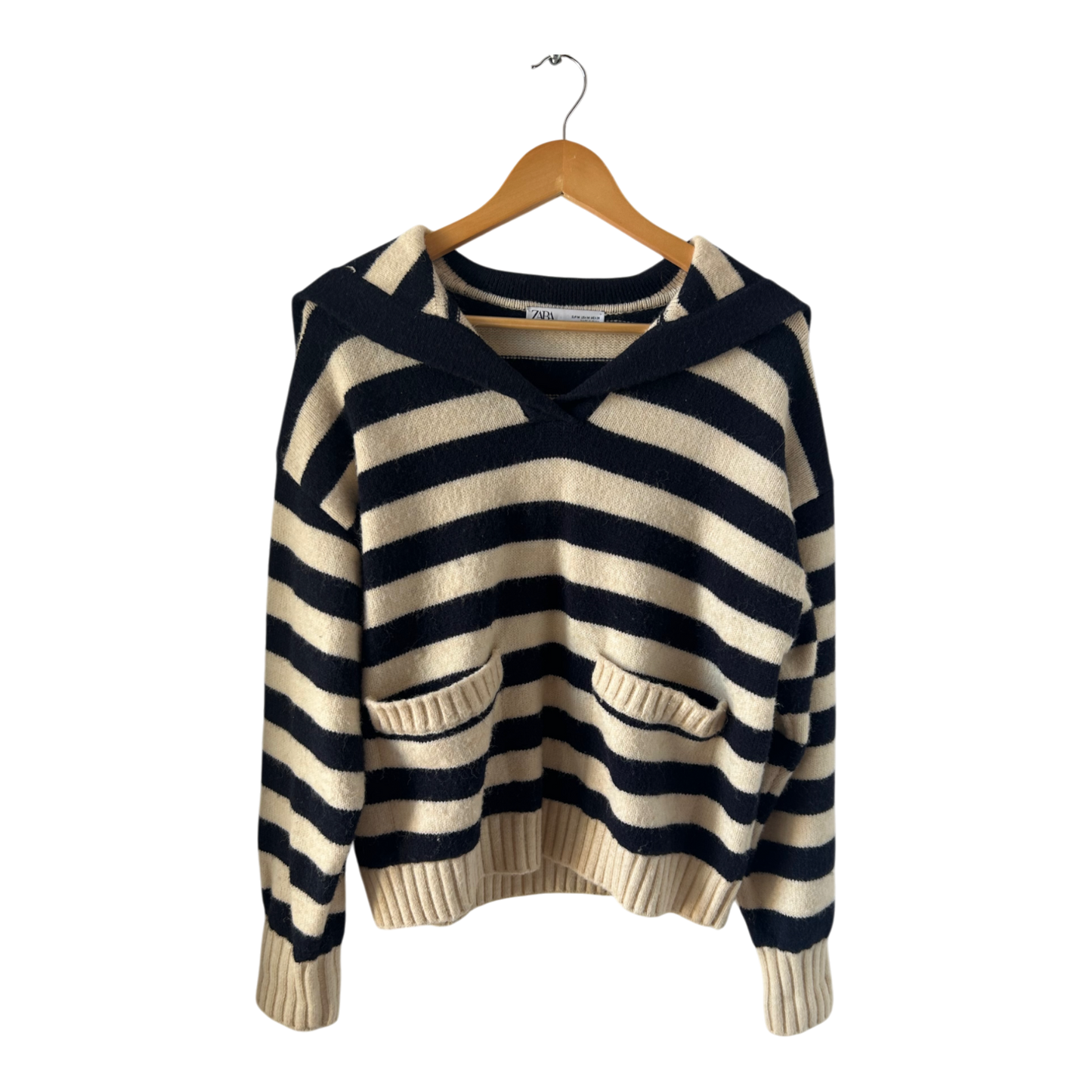 Zara Pullover Damen Gr M Blau Weiß Gestreift Matrosenlook Flauschig Maritim Sweater