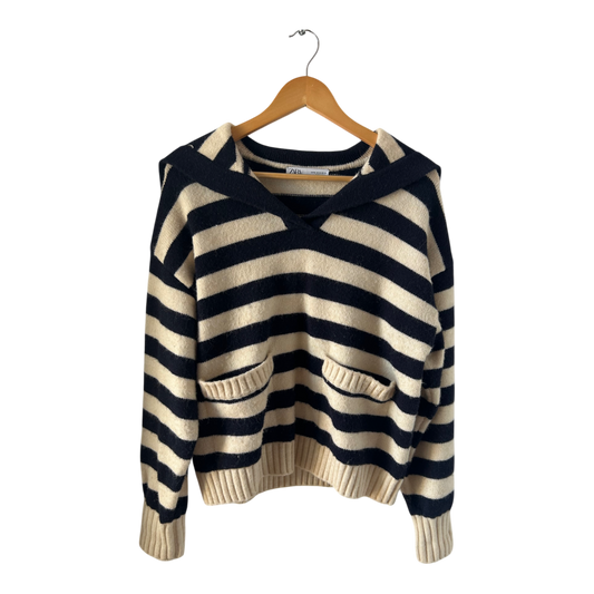 Zara Pullover Damen Gr M Blau Weiß Gestreift Matrosenlook Flauschig Maritim Sweater