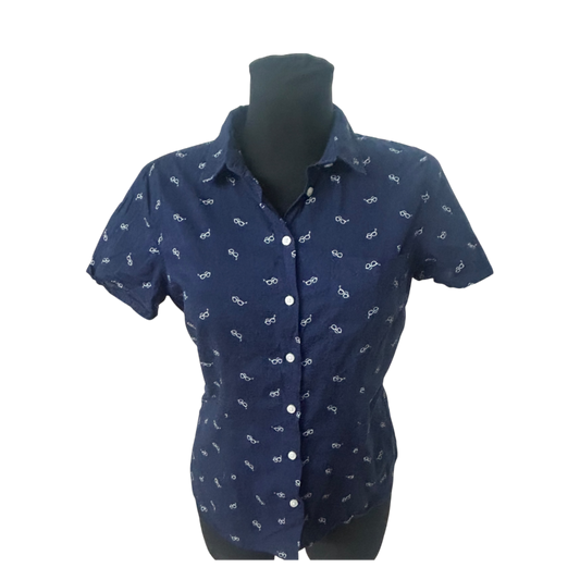H&M Log Damen Bluse 40 Kurzarm Baumwolle Brillenmuster Sommer Freizeit