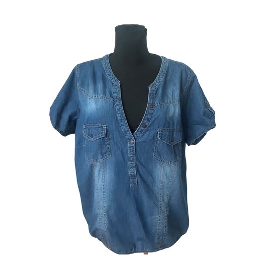 MS Mode Damen Bluse 50 Kurzarm Jeans Baumwolle Gummizug Schulterklappen