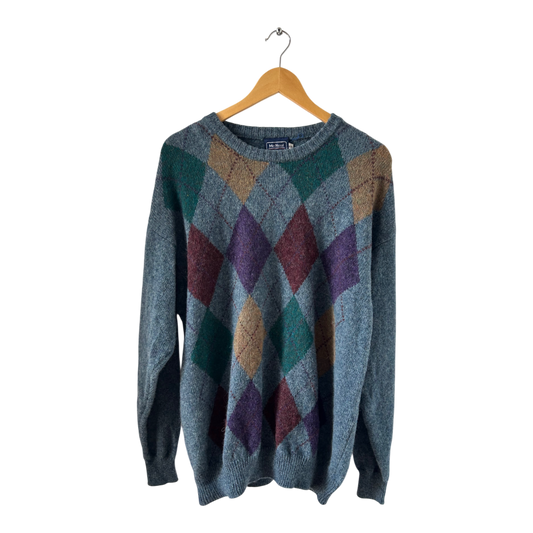Mc Neal Pullover Herren XXL Argyle Rauten Muster Schurwolle Blau Bunt Vintage Style