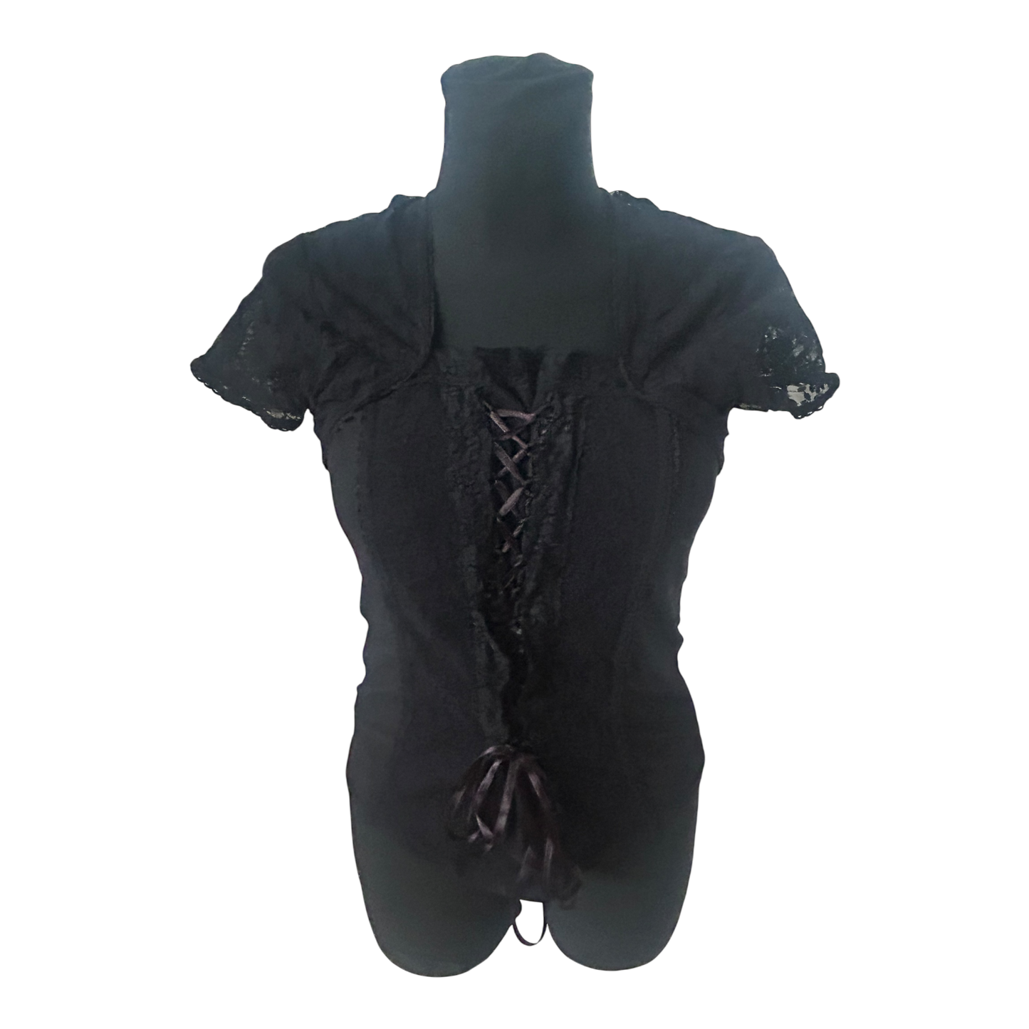 Heine Damen Bluse 40 Kurzarm Spitze Schnürung Stretch Schwarz