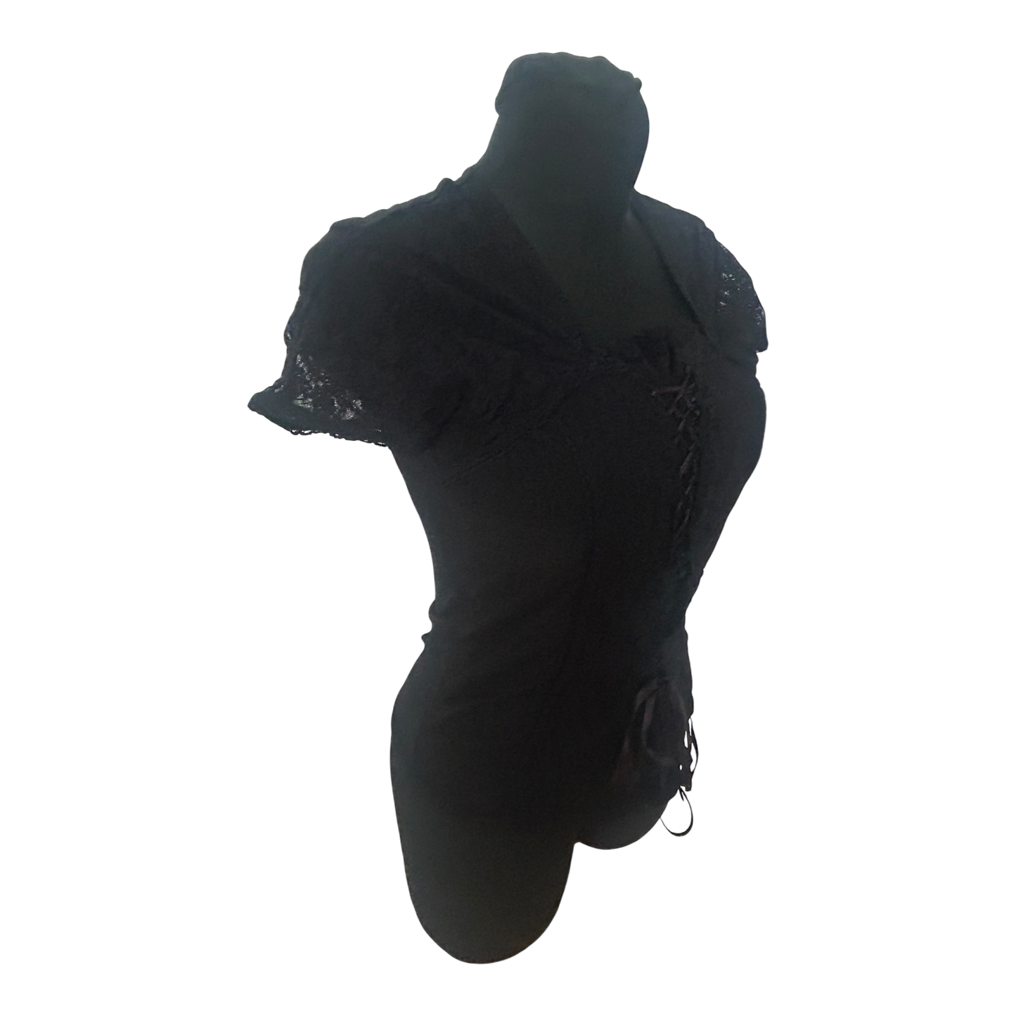 Heine Damen Bluse 40 Kurzarm Spitze Schnürung Stretch Schwarz