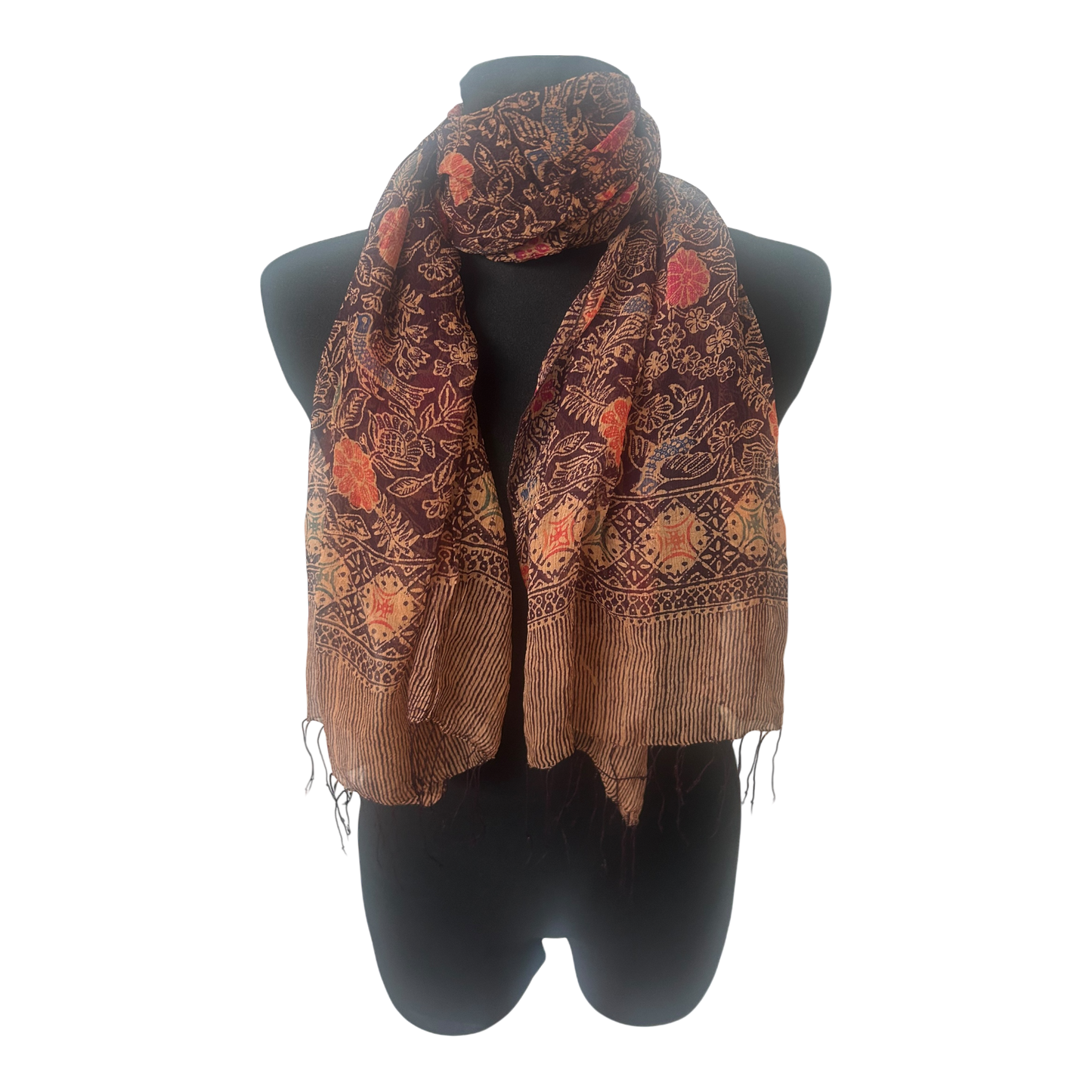 Leichtes Damen Tuch Schal Transparent Floral Braun Rot Schal Fransen Sommer