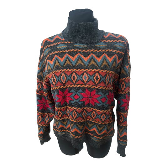 Servato Damen Pullover Gr M Vintage Stehkragen Muster Wollmix Warm