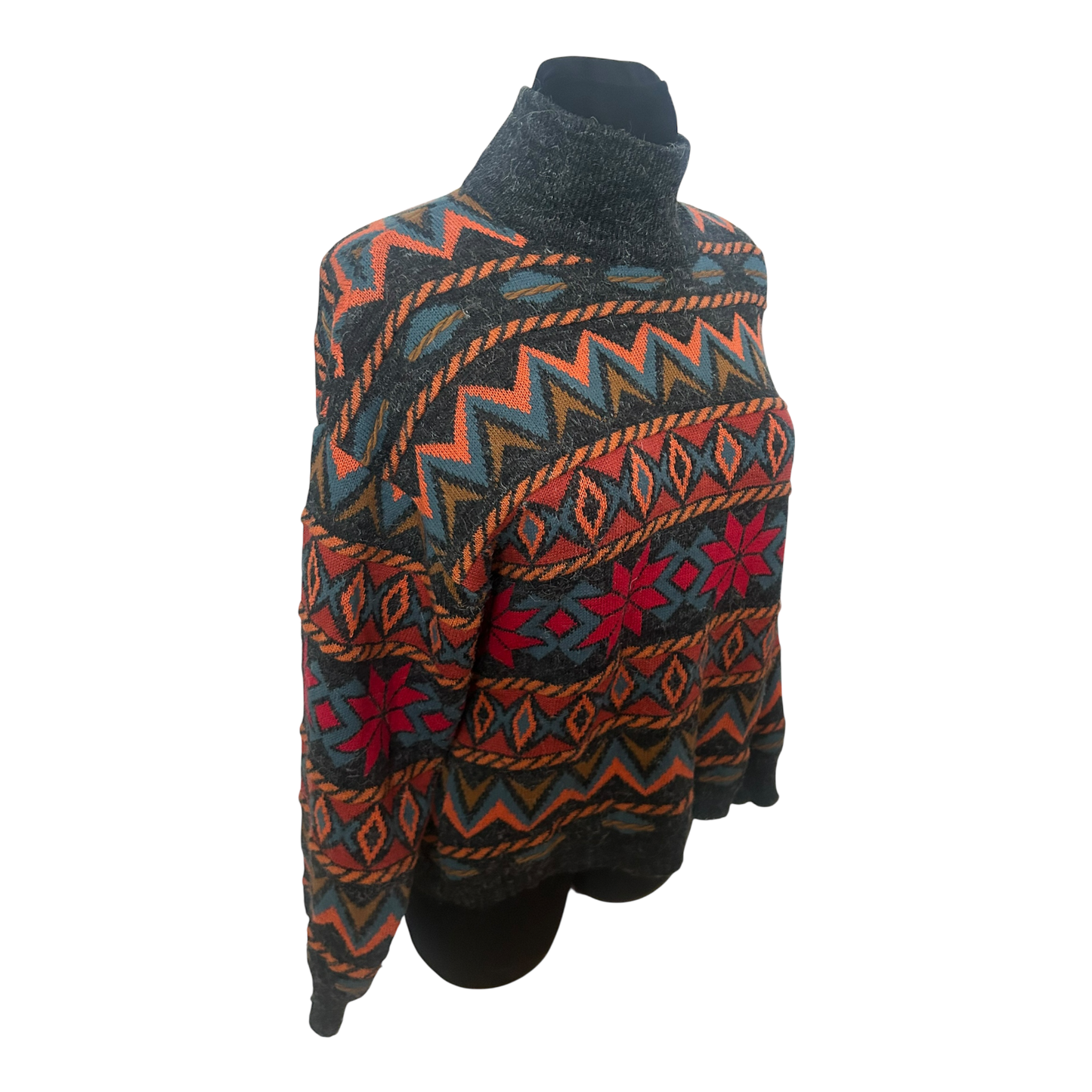 Servato Damen Pullover Gr M Vintage Stehkragen Muster Wollmix Warm