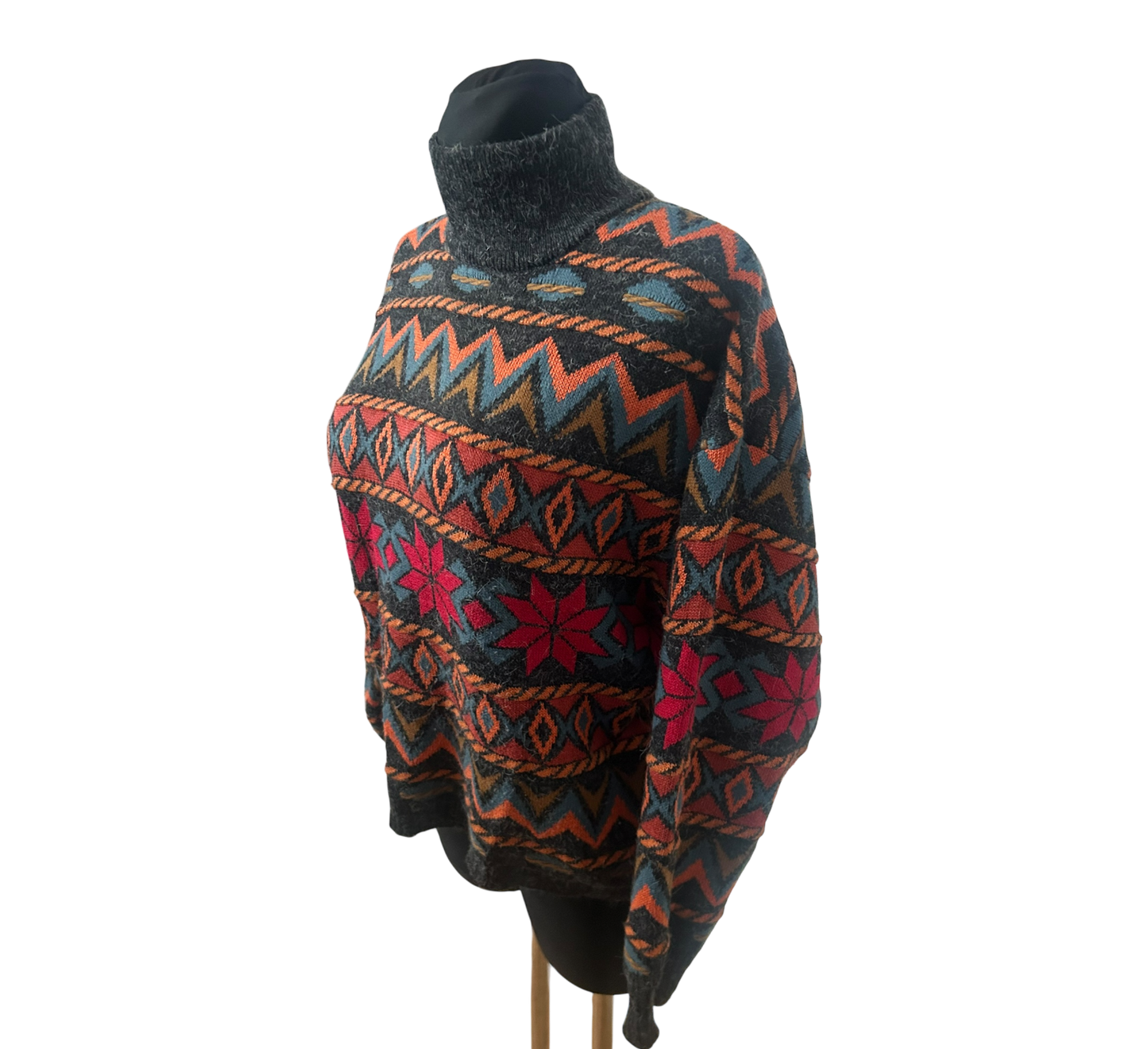 Servato Damen Pullover Gr M Vintage Stehkragen Muster Wollmix Warm