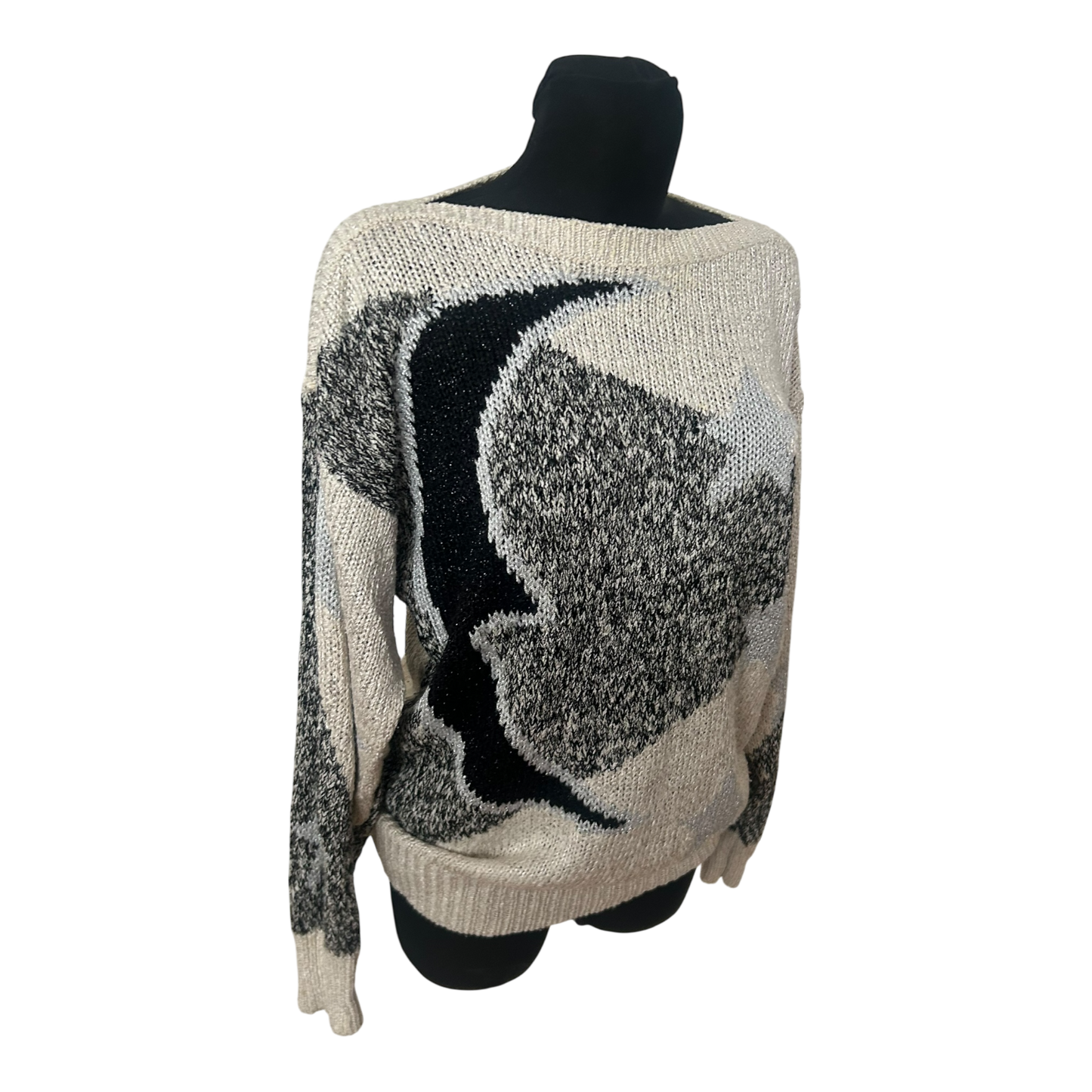 Vintage Damen Strickpullover Gr L Creme Glitzer Sterne Elegant Weit