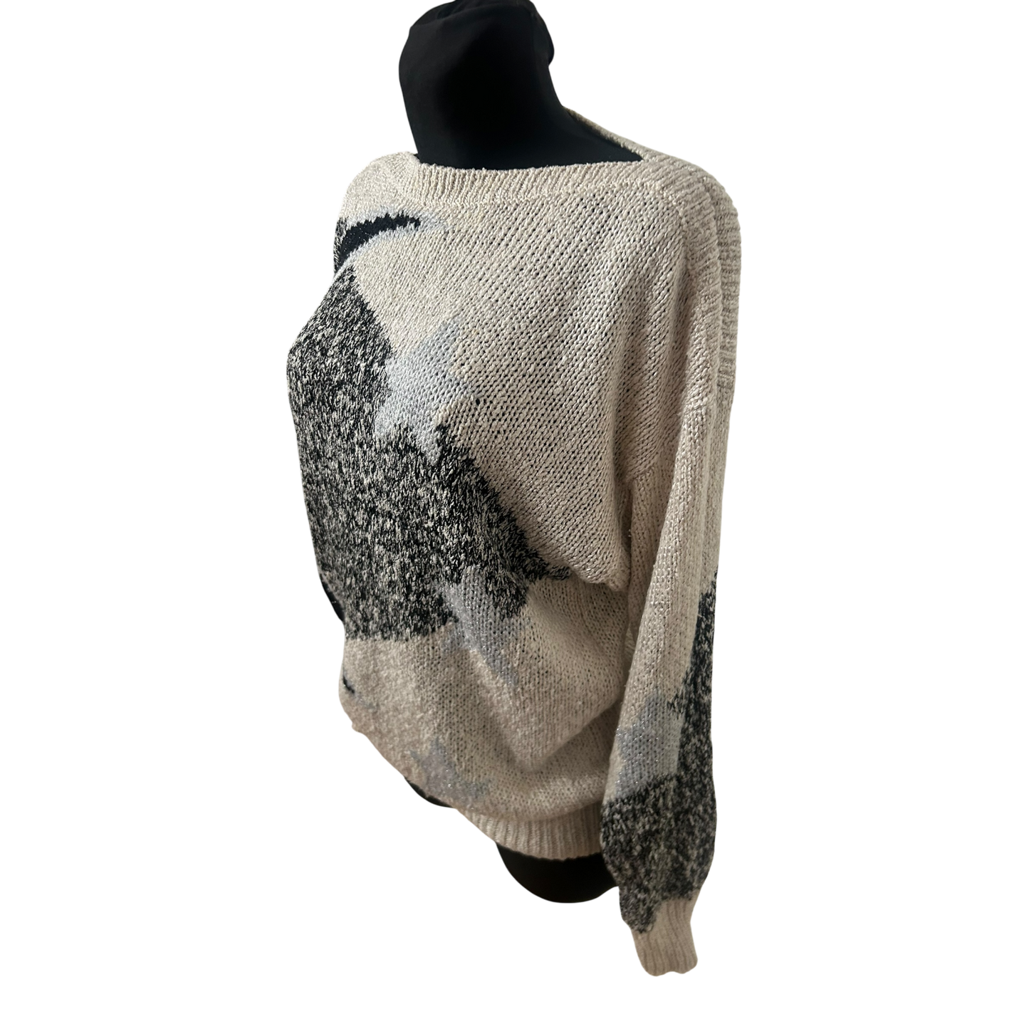 Vintage Damen Strickpullover Gr L Creme Glitzer Sterne Elegant Weit