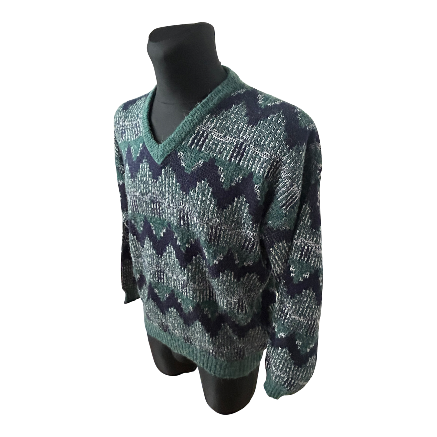 C&A Vintage Herren Pullover Grün Blau Muster Strick Gr L 52 Retro V-Ausschnitt