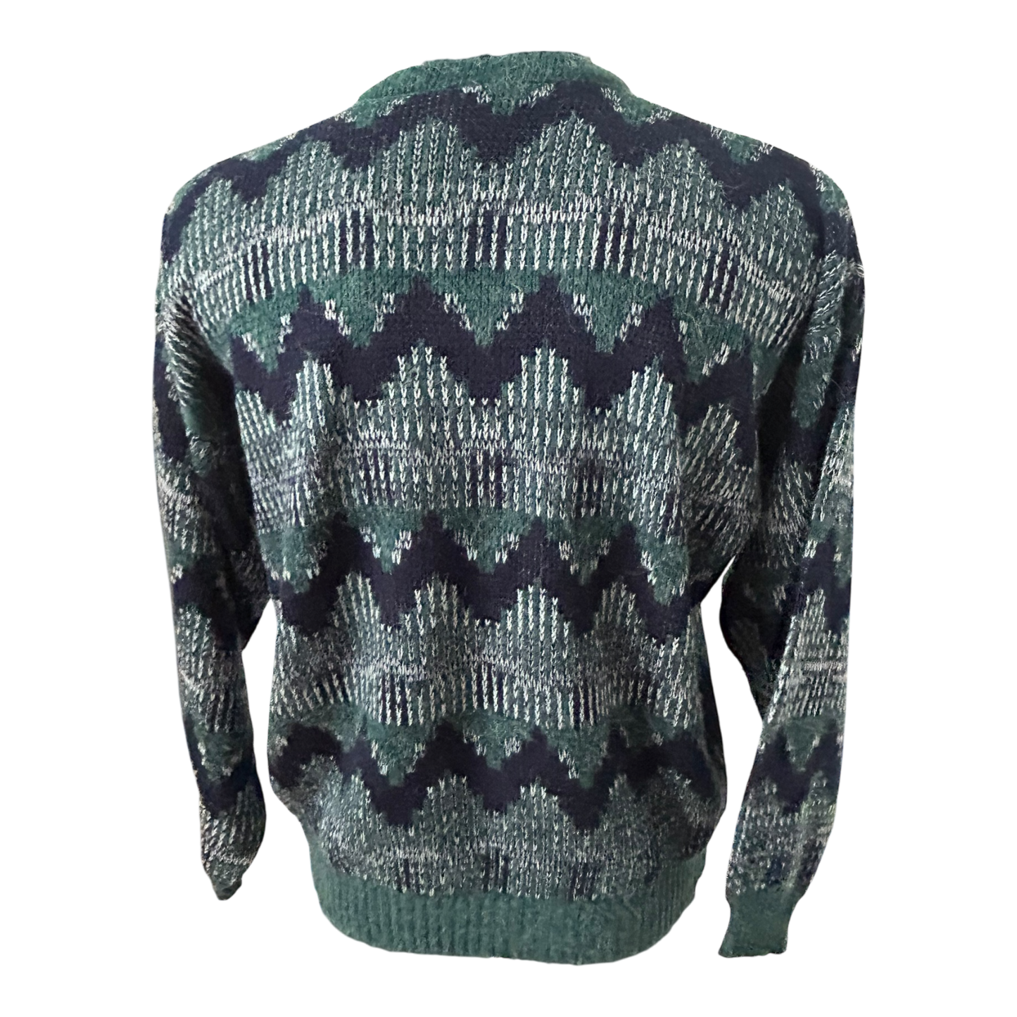 C&A Vintage Herren Pullover Grün Blau Muster Strick Gr L 52 Retro V-Ausschnitt