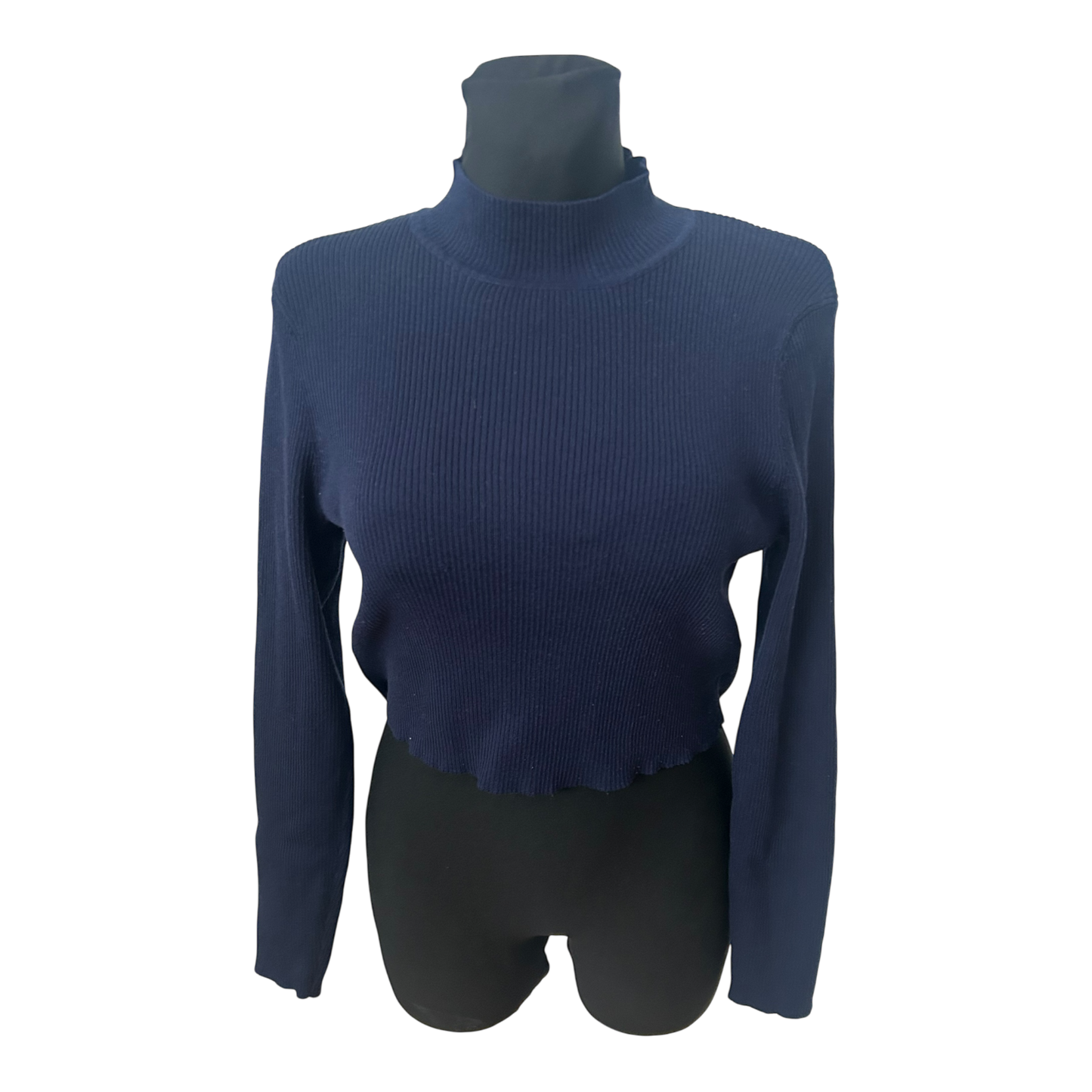 H&M Pullover Damen Gr L Dunkelblau Crop Stehkragen Stretch Feinripp Modern