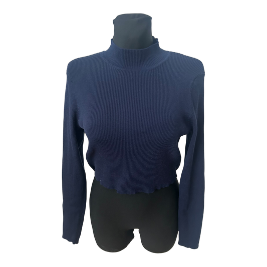 H&M Pullover Damen Gr L Dunkelblau Crop Stehkragen Stretch Feinripp Modern