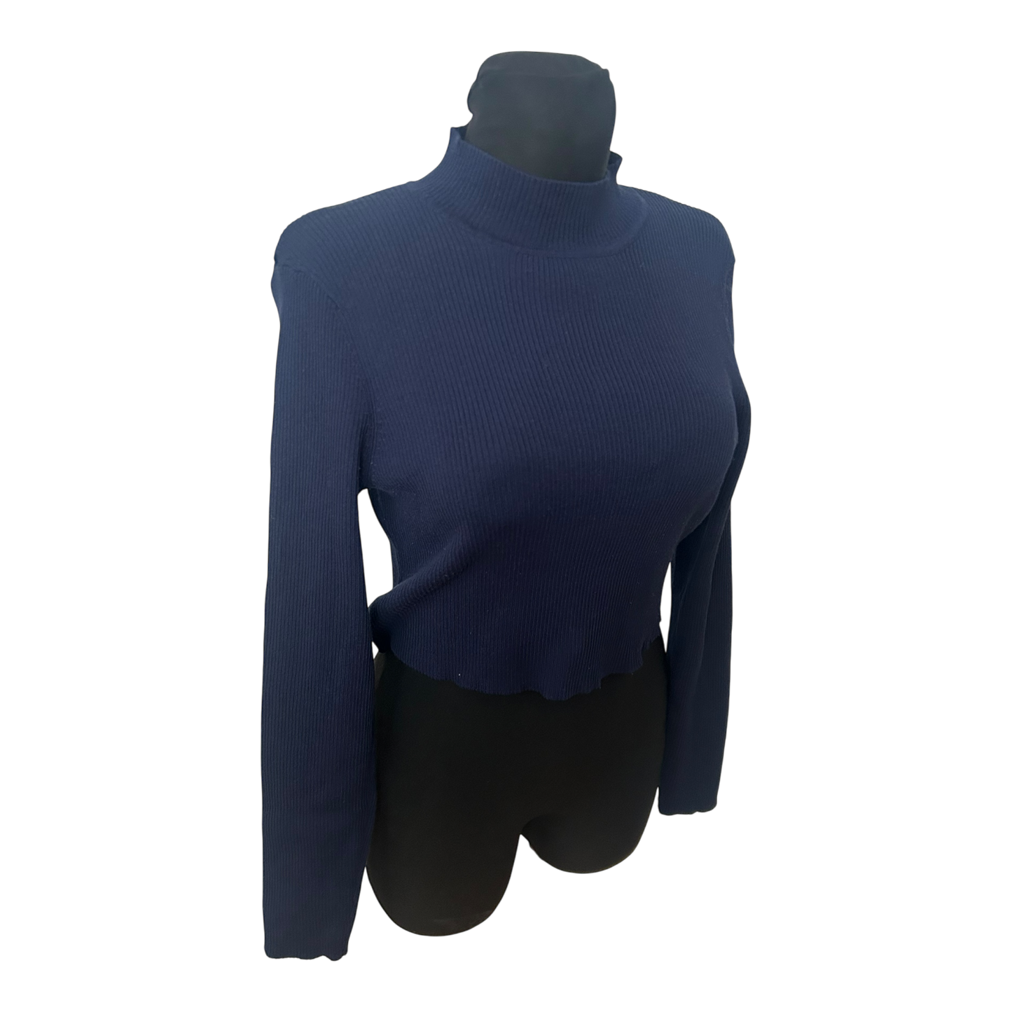 H&M Pullover Damen Gr L Dunkelblau Crop Stehkragen Stretch Feinripp Modern