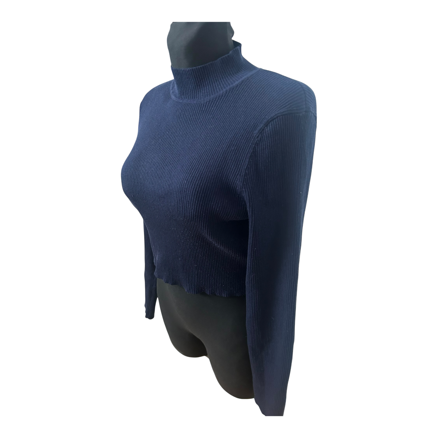 H&M Pullover Damen Gr L Dunkelblau Crop Stehkragen Stretch Feinripp Modern