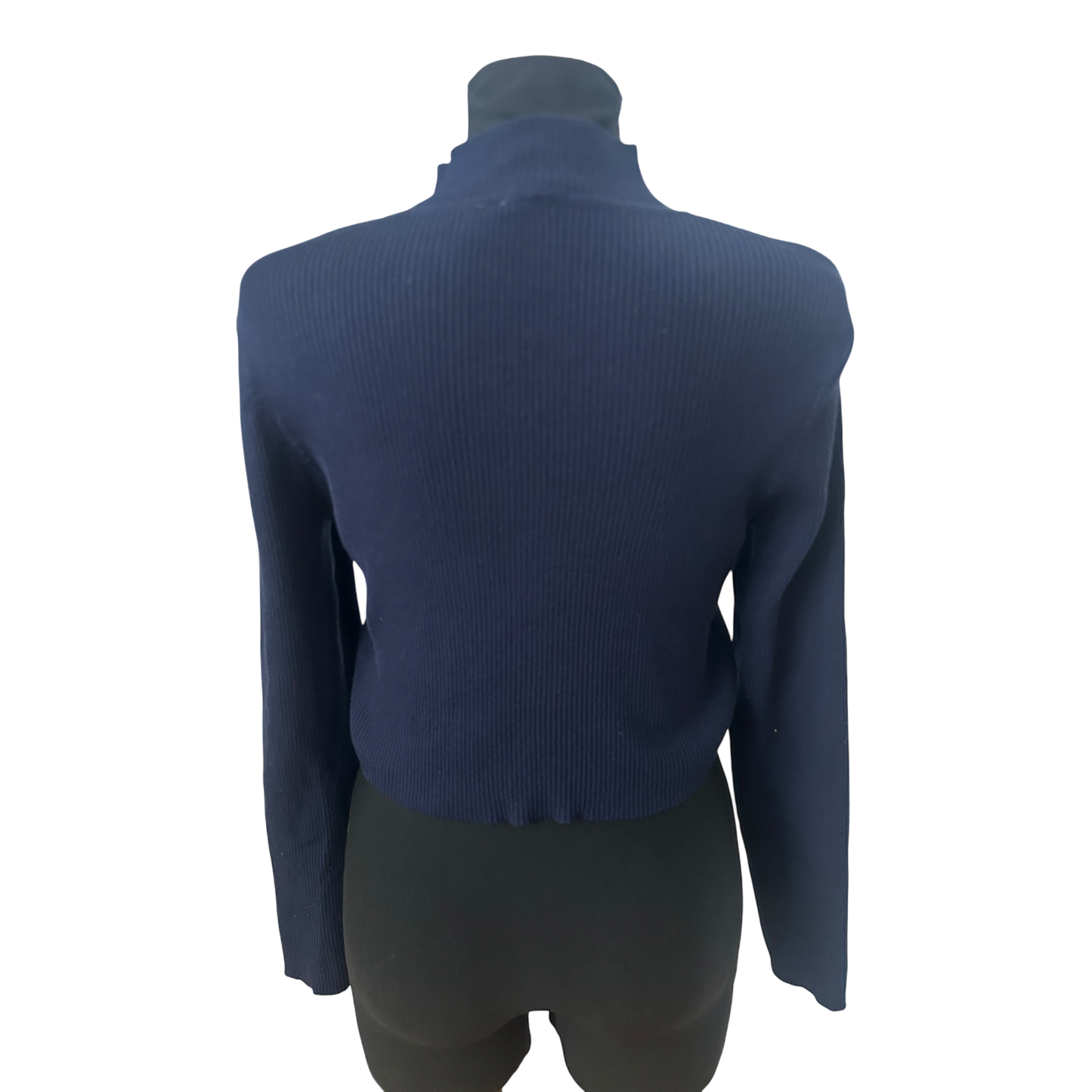 H&M Pullover Damen Gr L Dunkelblau Crop Stehkragen Stretch Feinripp Modern