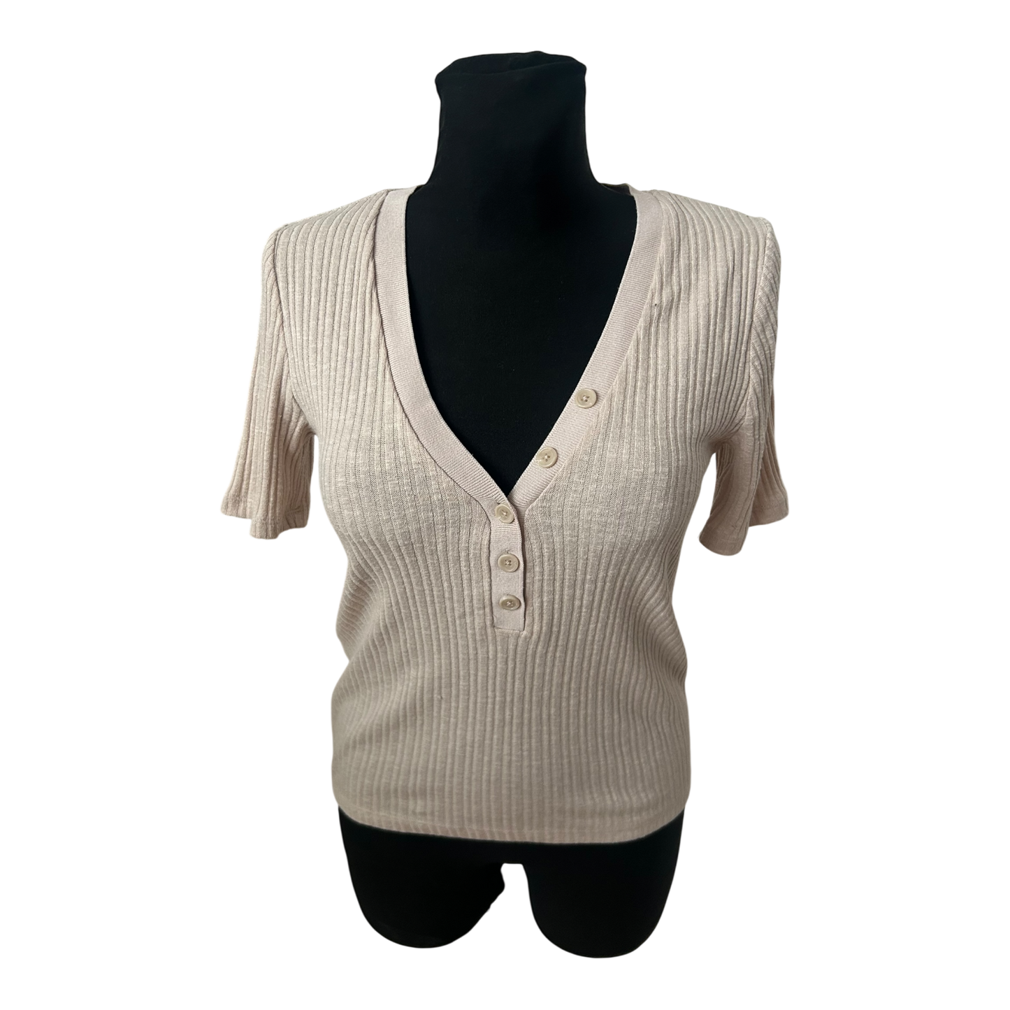 Mango Strickpullover Damen Gr M Beige Kurzarm Basic Baumwollmix Stretch Sommer