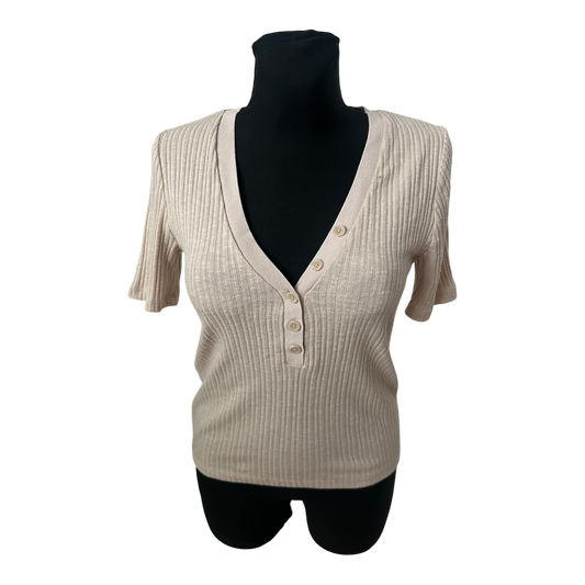 Mango Strickpullover Damen Gr M Beige Kurzarm Basic Baumwollmix Stretch Sommer