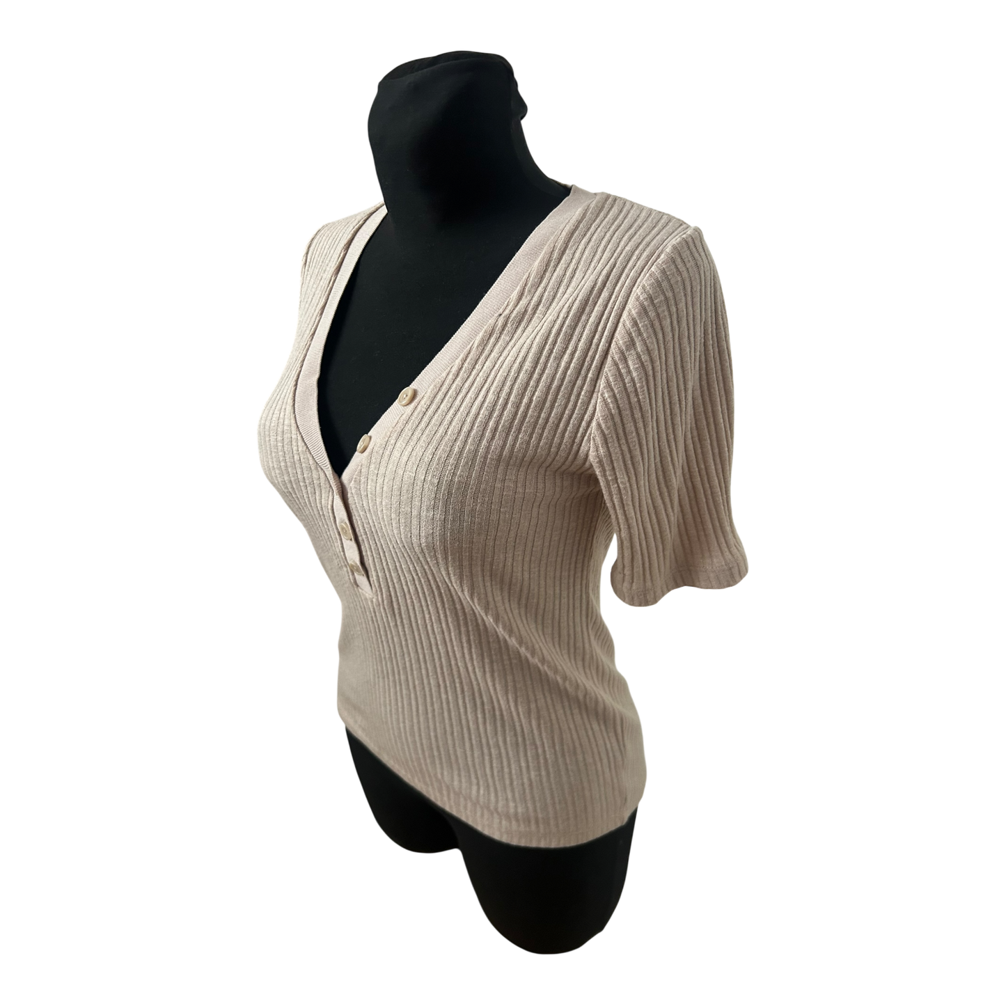 Mango Strickpullover Damen Gr M Beige Kurzarm Basic Baumwollmix Stretch Sommer