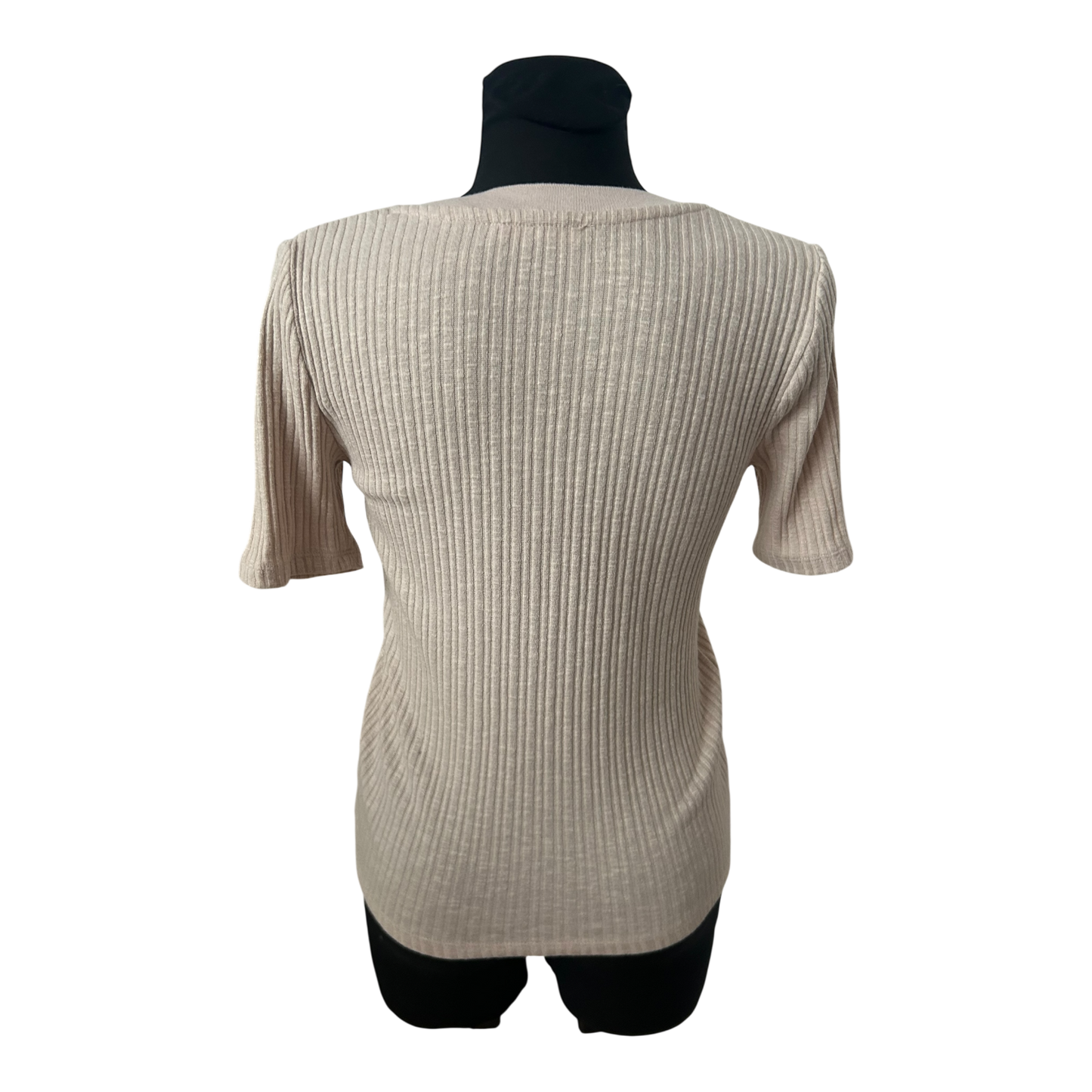 Mango Strickpullover Damen Gr M Beige Kurzarm Basic Baumwollmix Stretch Sommer