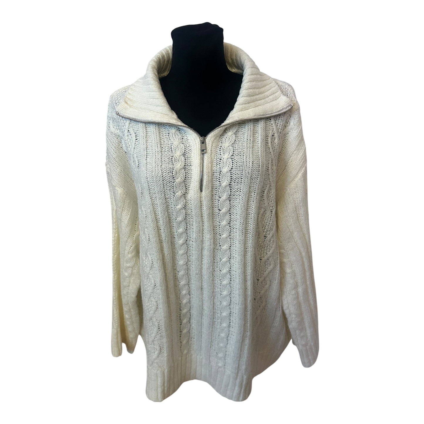 H&M Damen Strickpullover XXL Creme Zopfmuster Reissverschluss Oversize