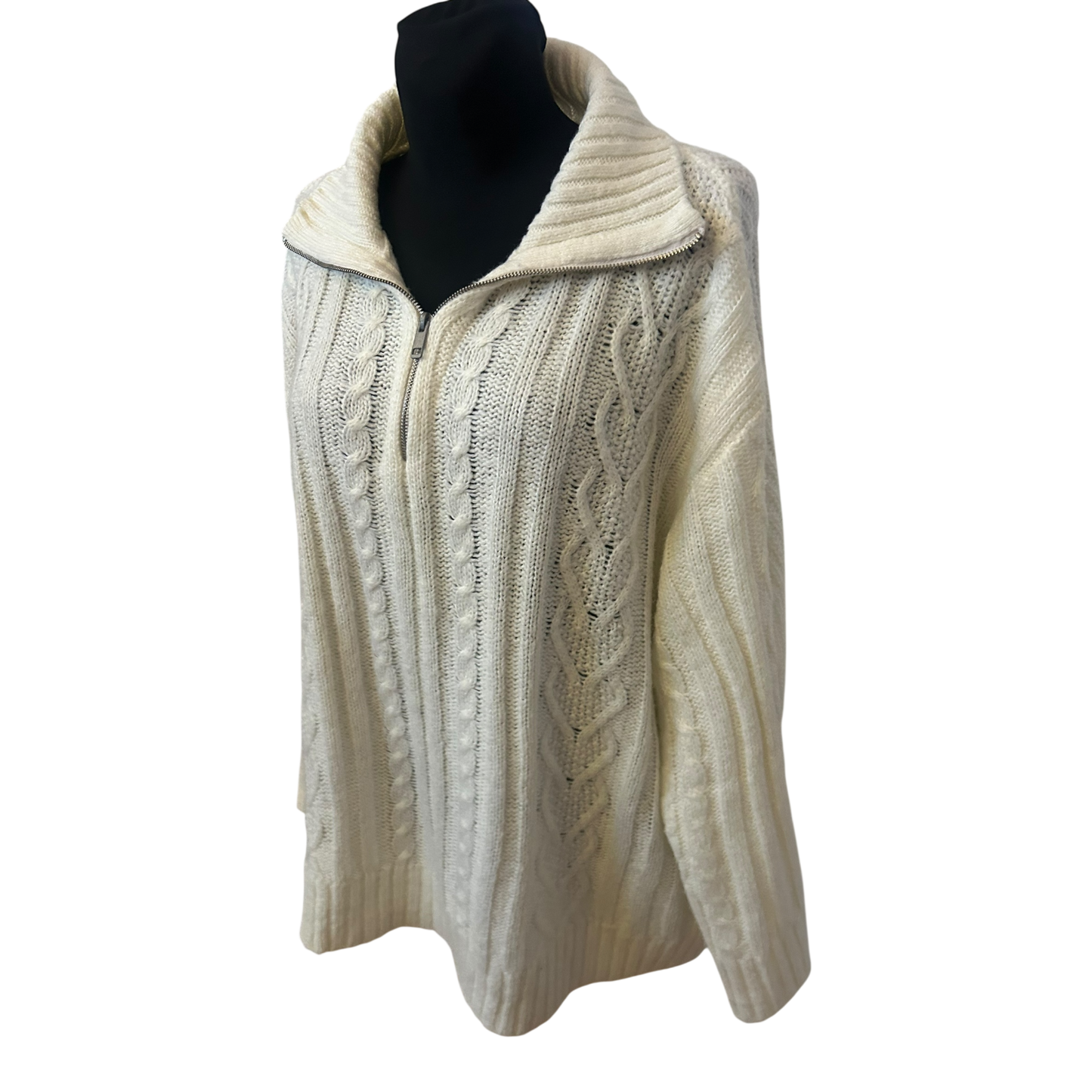 H&M Damen Strickpullover XXL Creme Zopfmuster Reissverschluss Oversize