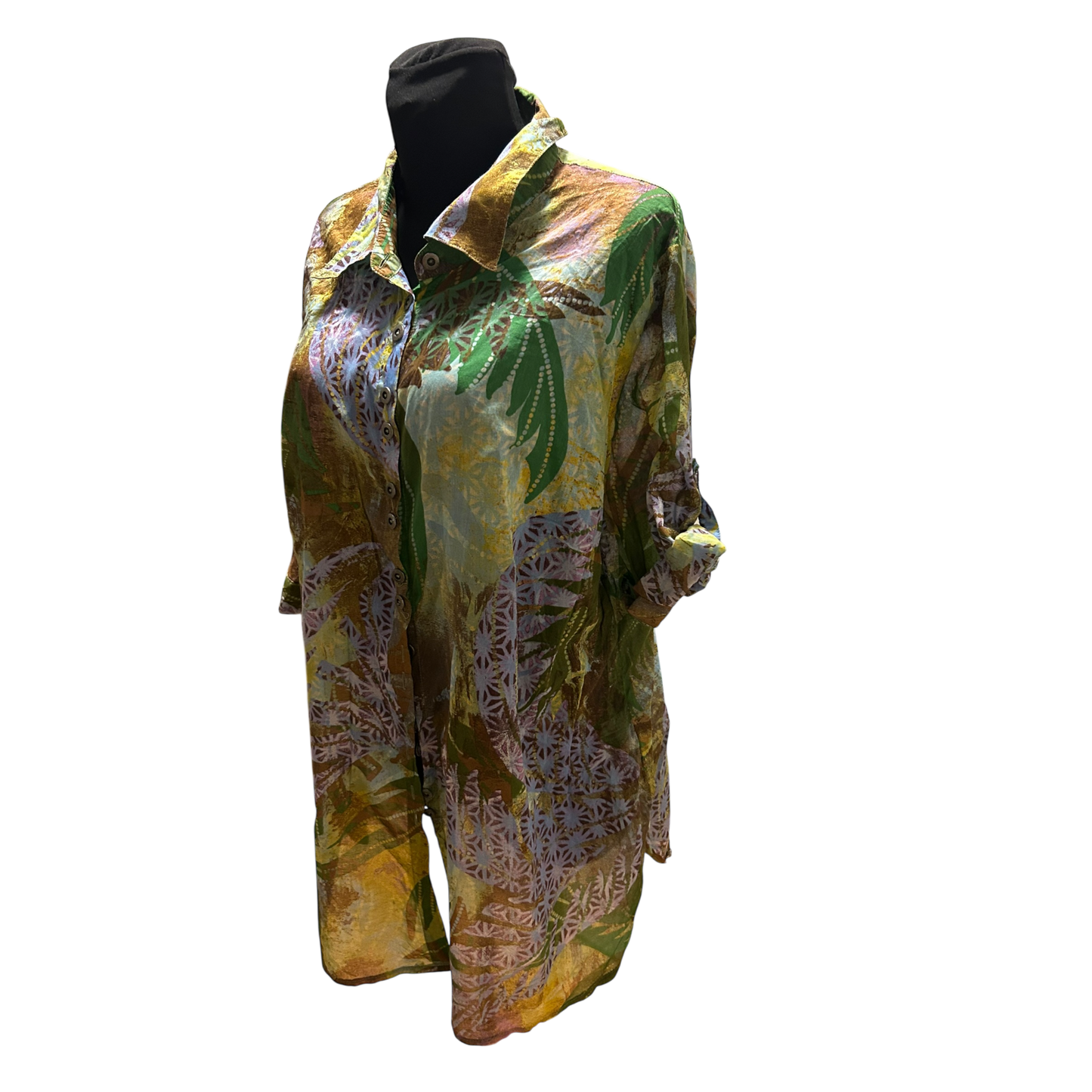 Ulla Popken Bluse Damen Gr 50 Grün Braun Baumwolle Krempelarm Lang