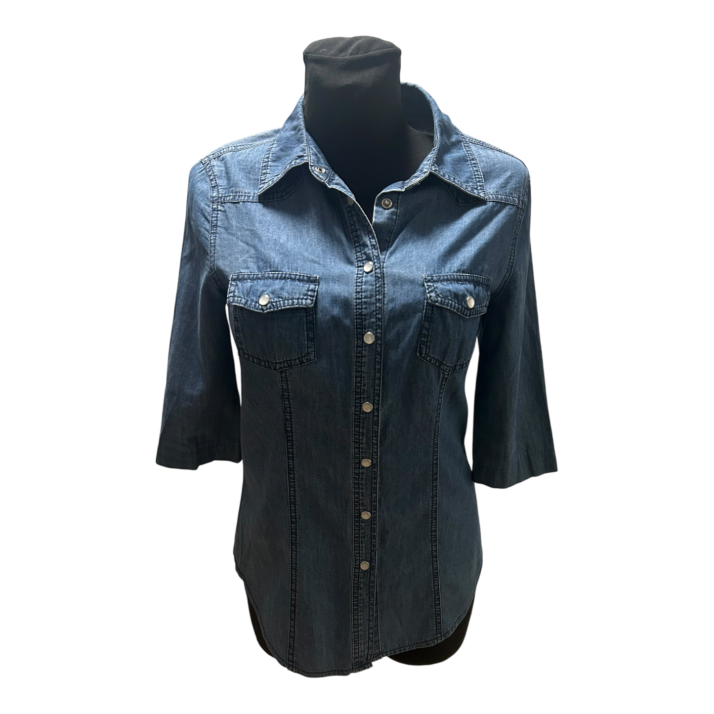 Yessica Jeansbluse 3/4 Arm Damen Gr 36 Blau Hemdbluse Baumwolle Druckknöpfe