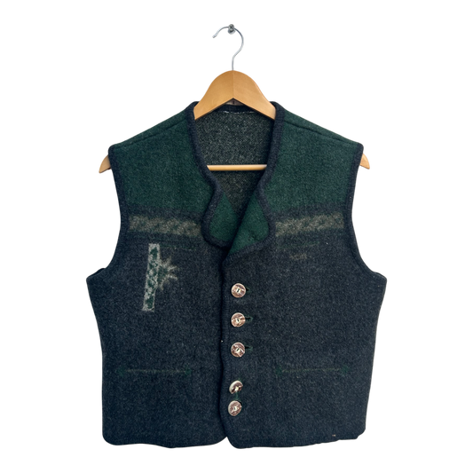 Trachtenweste Herren Gr 52 Dunkelgrün Grau Reine Schurwolle Kurz Traditionell