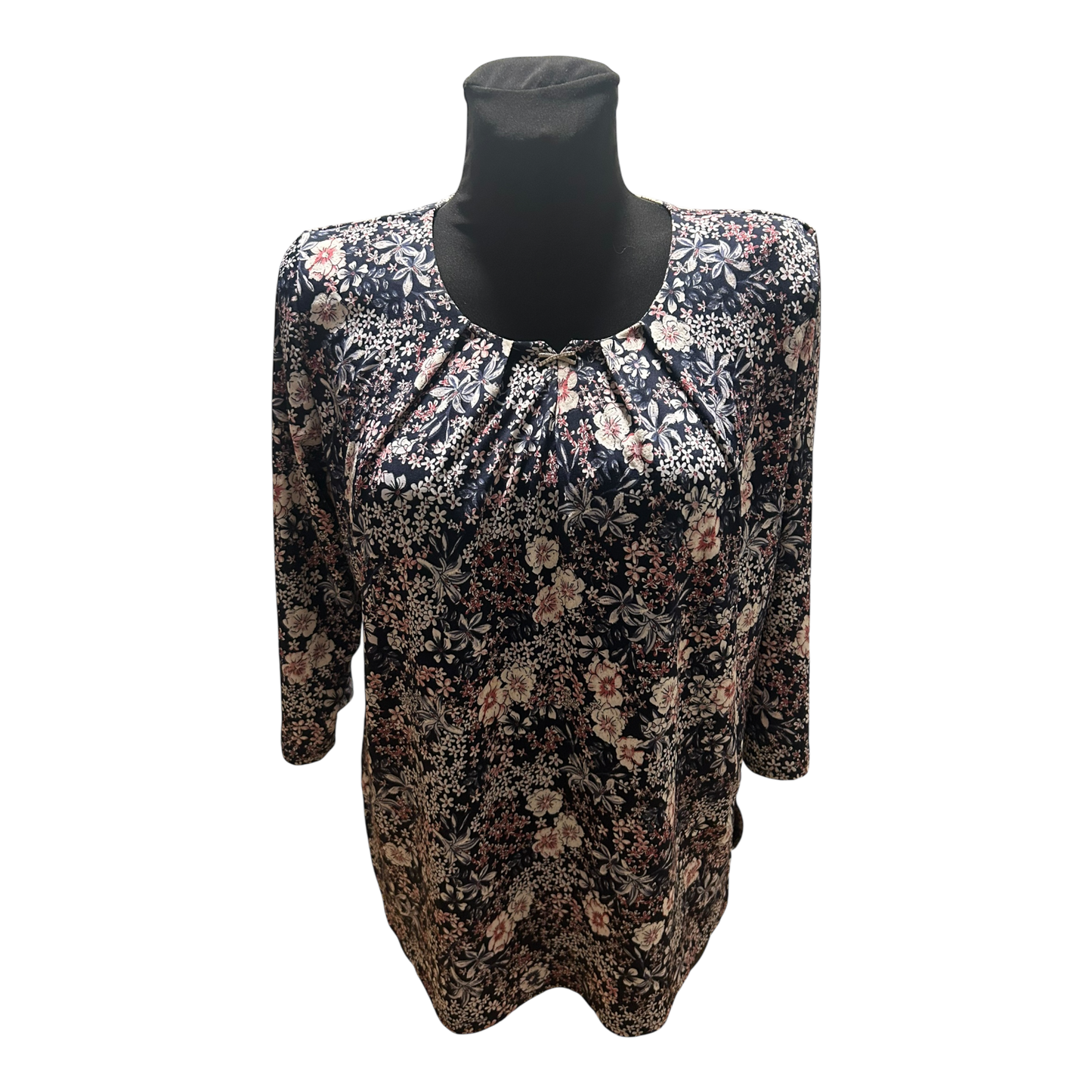 Terreti Bluse Damen Gr L Schwarz Blumen 3/4 Arm Strassbrosche Elegant