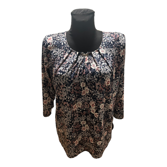 Terreti Bluse Damen Gr L Schwarz Blumen 3/4 Arm Strassbrosche Elegant