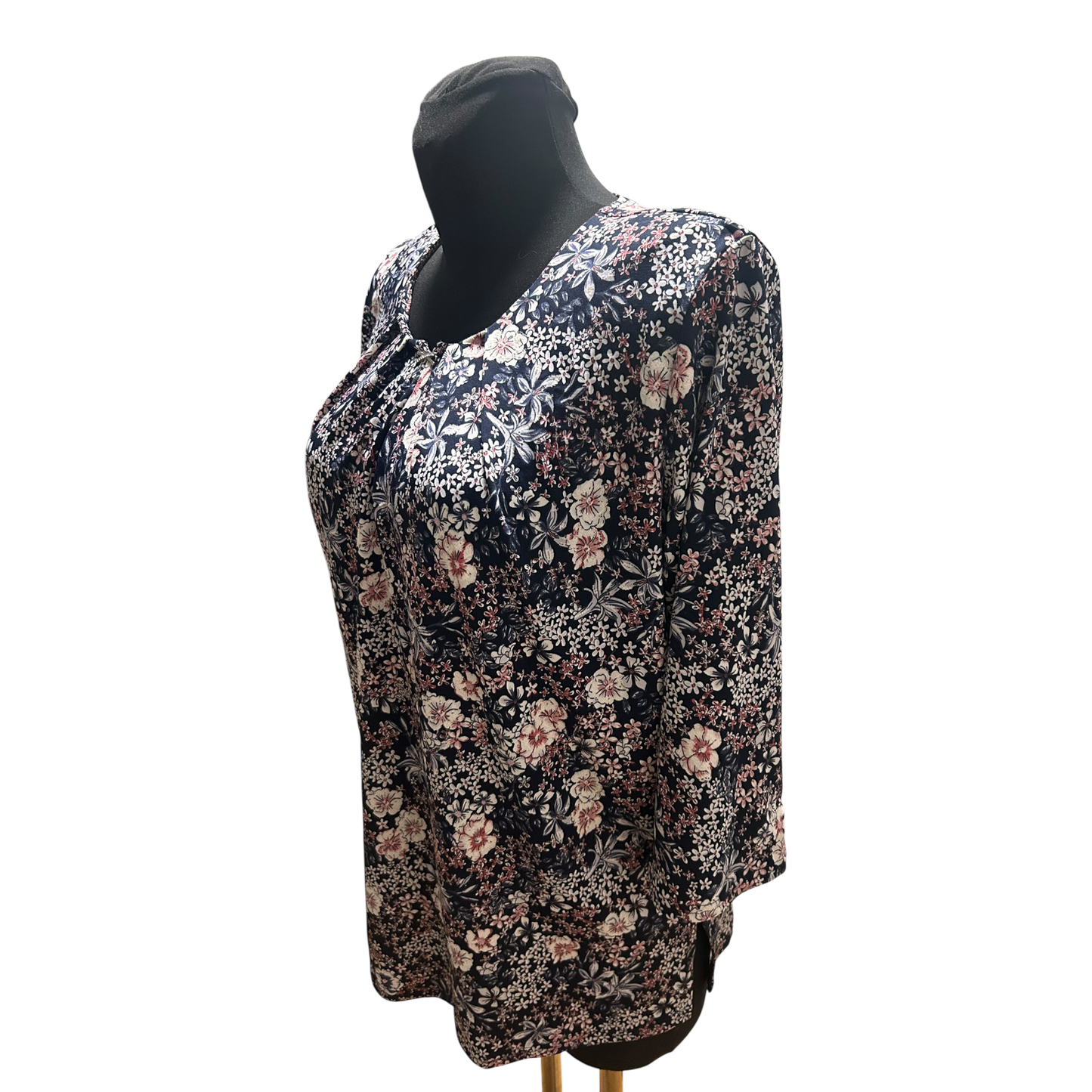 Terreti Bluse Damen Gr L Schwarz Blumen 3/4 Arm Strassbrosche Elegant