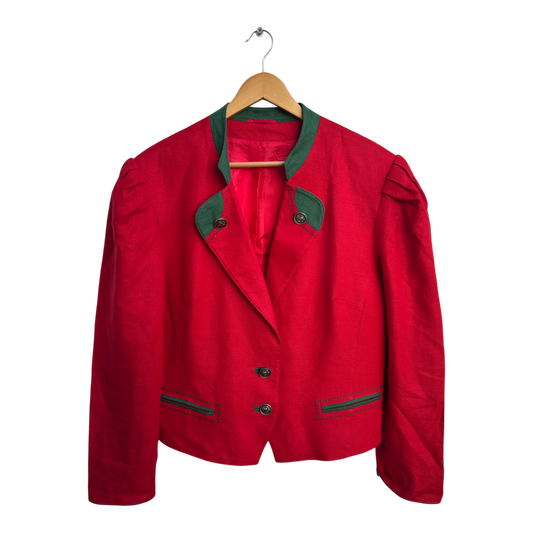 Sixth Sense Blazer Damen Trachtenjacke Gr 46 Rot Grün Leinen Viskose Vintage Chic
