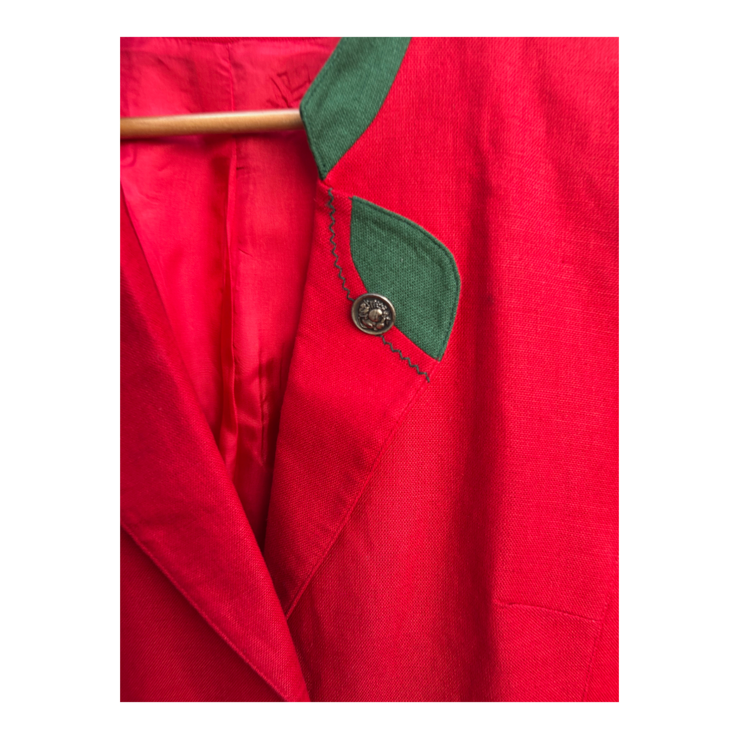 Sixth Sense Blazer Damen Trachtenjacke Gr 46 Rot Grün Leinen Viskose Vintage Chic