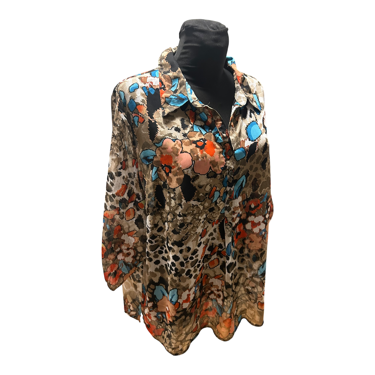 C&A Bluse Damen Gr 50 Braun Blau Rot Muster 3/4 Arm Transparent Elegant