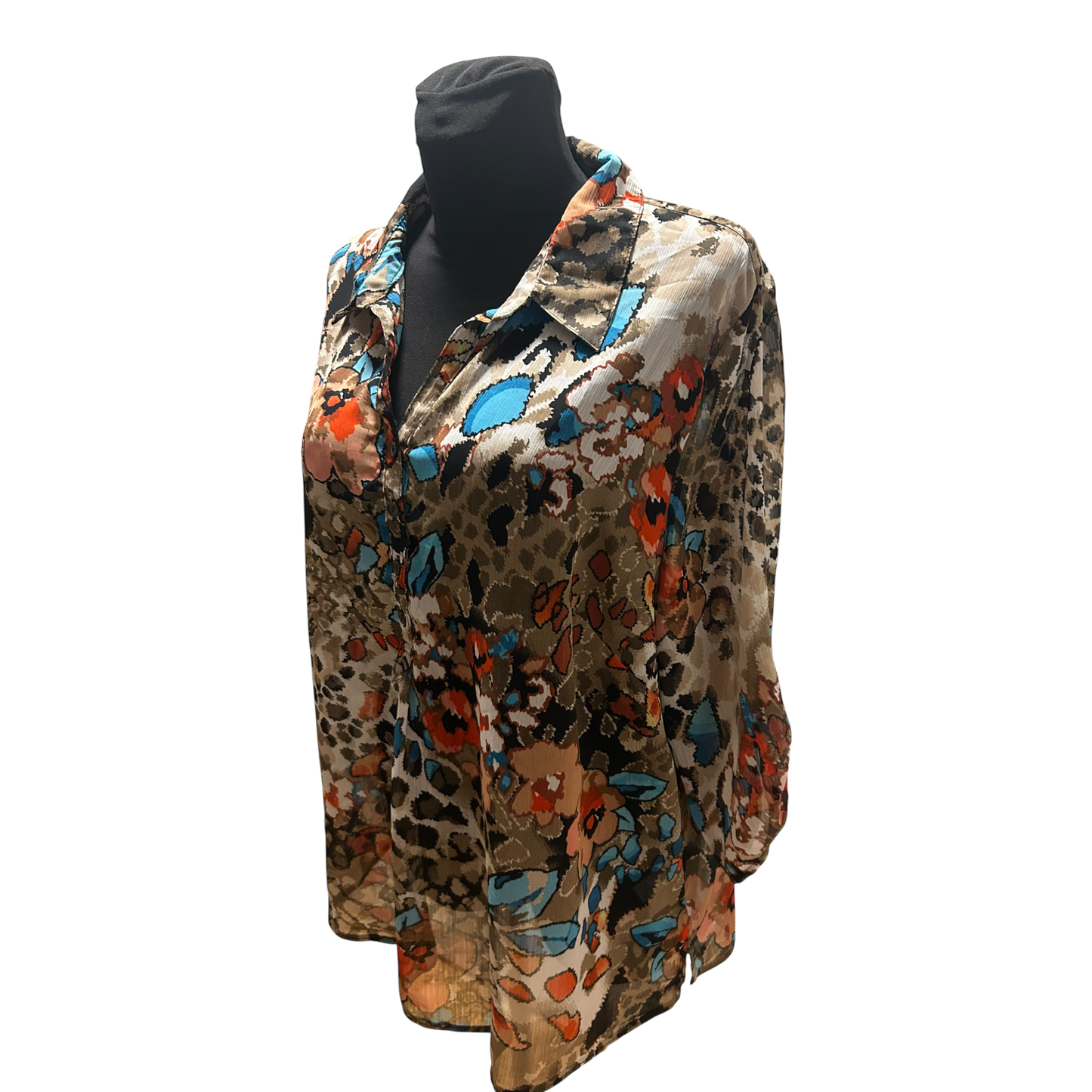 C&A Bluse Damen Gr 50 Braun Blau Rot Muster 3/4 Arm Transparent Elegant