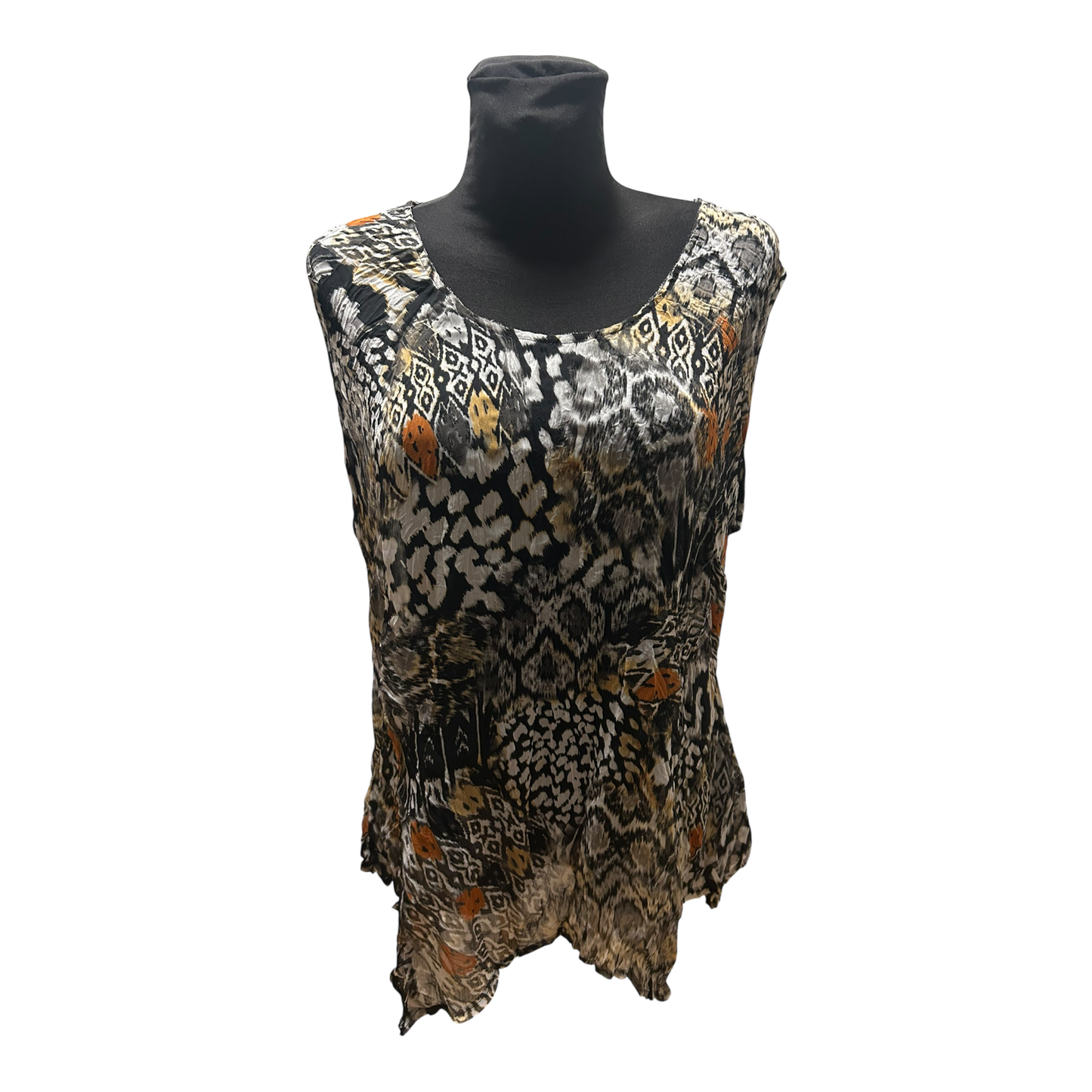 C&A Bluse Damen Gr 46 Braun Schwarz Muster Ärmellos Leicht Transparent