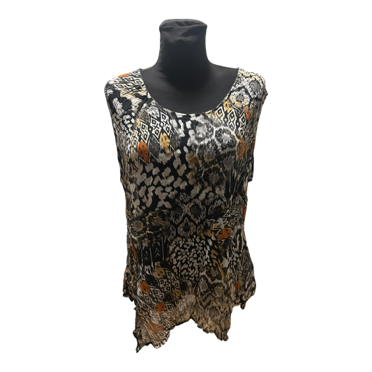 C&A Bluse Damen Gr 46 Braun Schwarz Muster Ärmellos Leicht Transparent