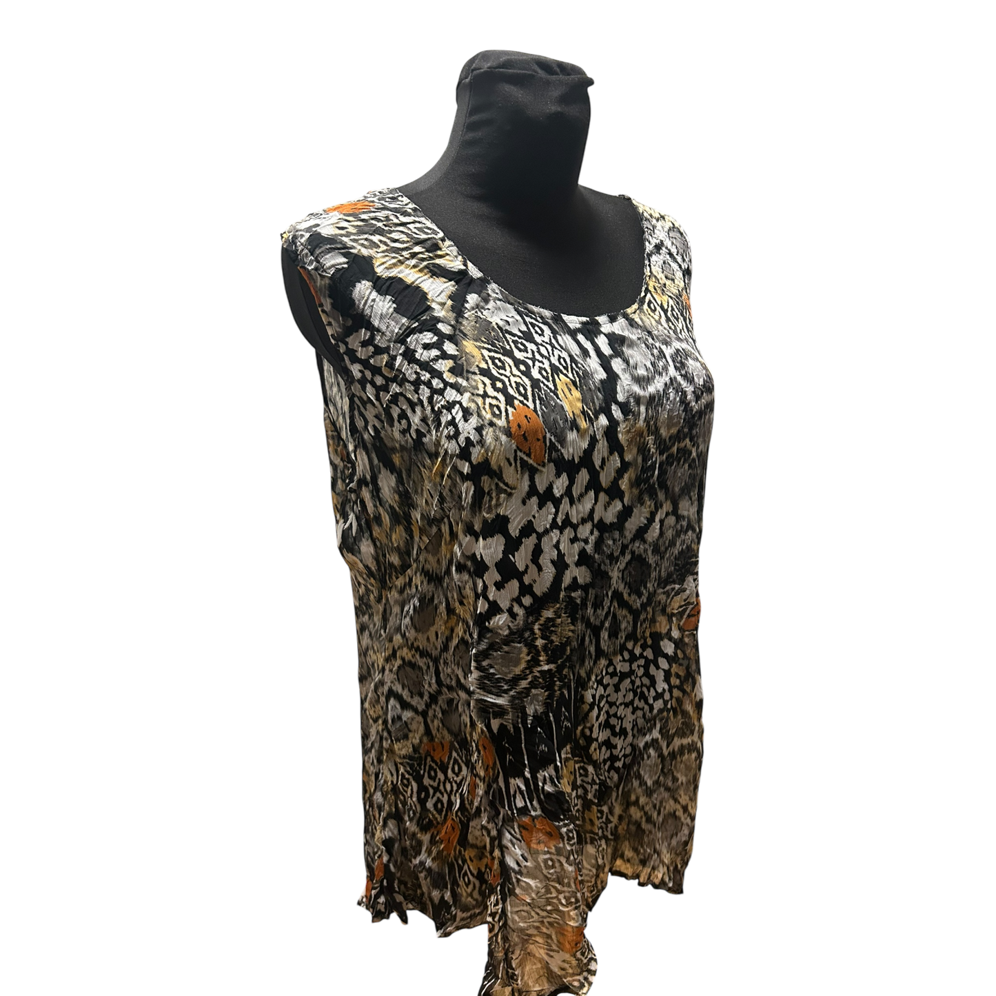 C&A Bluse Damen Gr 46 Braun Schwarz Muster Ärmellos Leicht Transparent