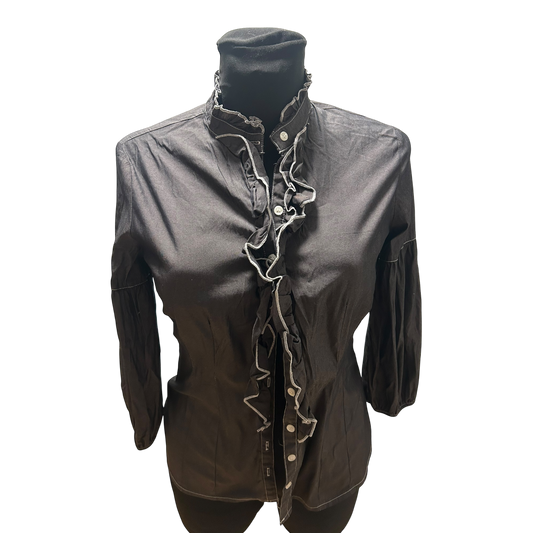 Bluse Damen Gr XS Braun Rüschen Dreiviertelarm Elegant Stretch Leicht