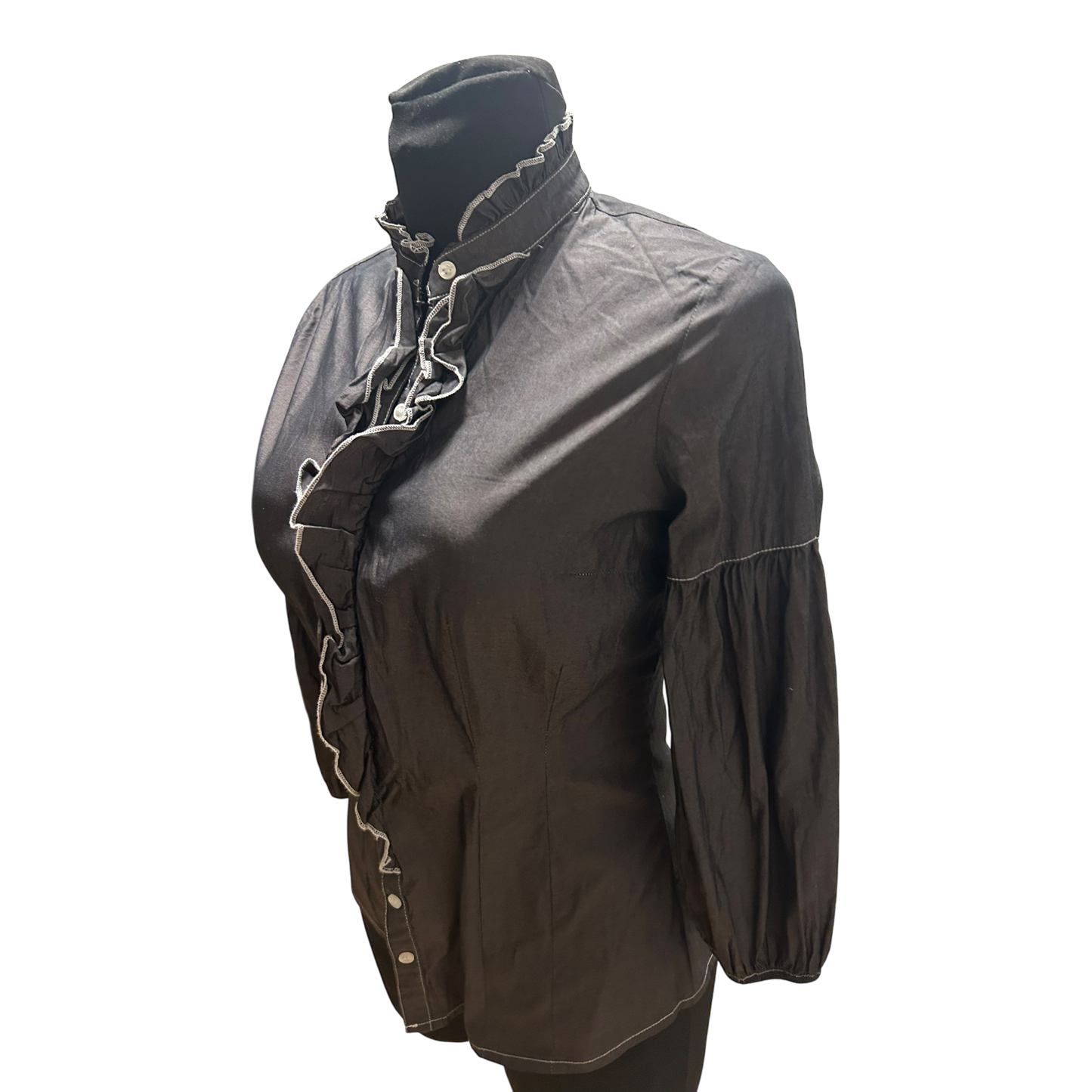 Bluse Damen Gr XS Braun Rüschen Dreiviertelarm Elegant Stretch Leicht