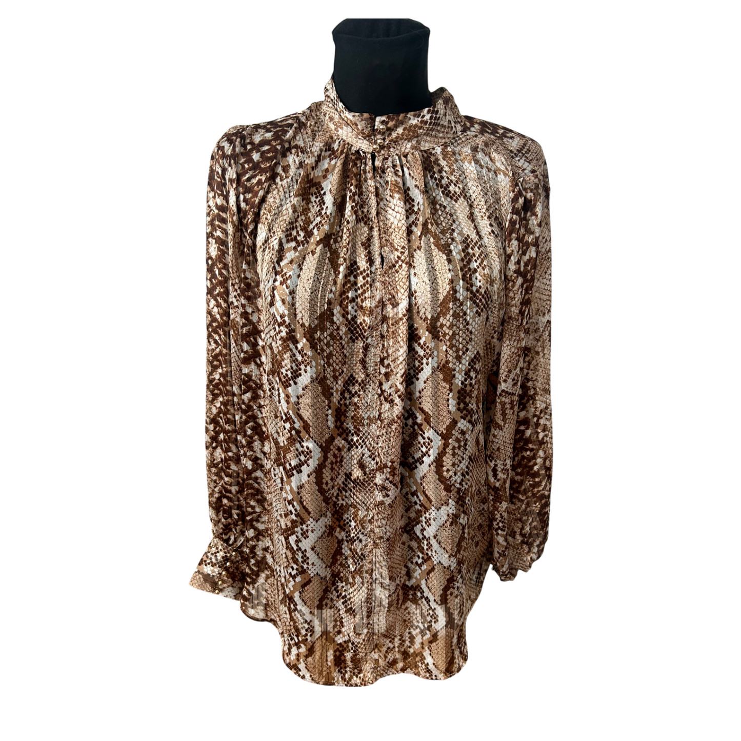 H&M Bluse Damen Gr 46 Braun Schlangenprint Stehkragen Elegant Transparent