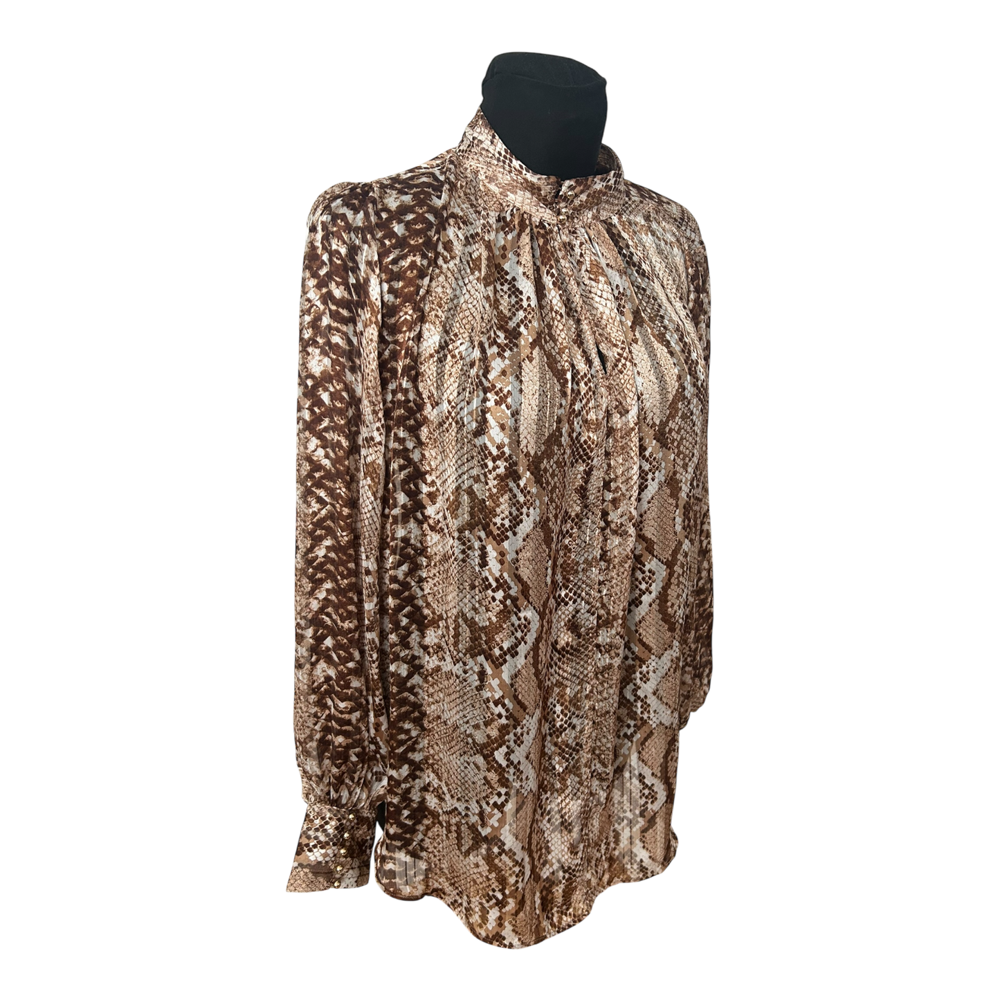 H&M Bluse Damen Gr 46 Braun Schlangenprint Stehkragen Elegant Transparent