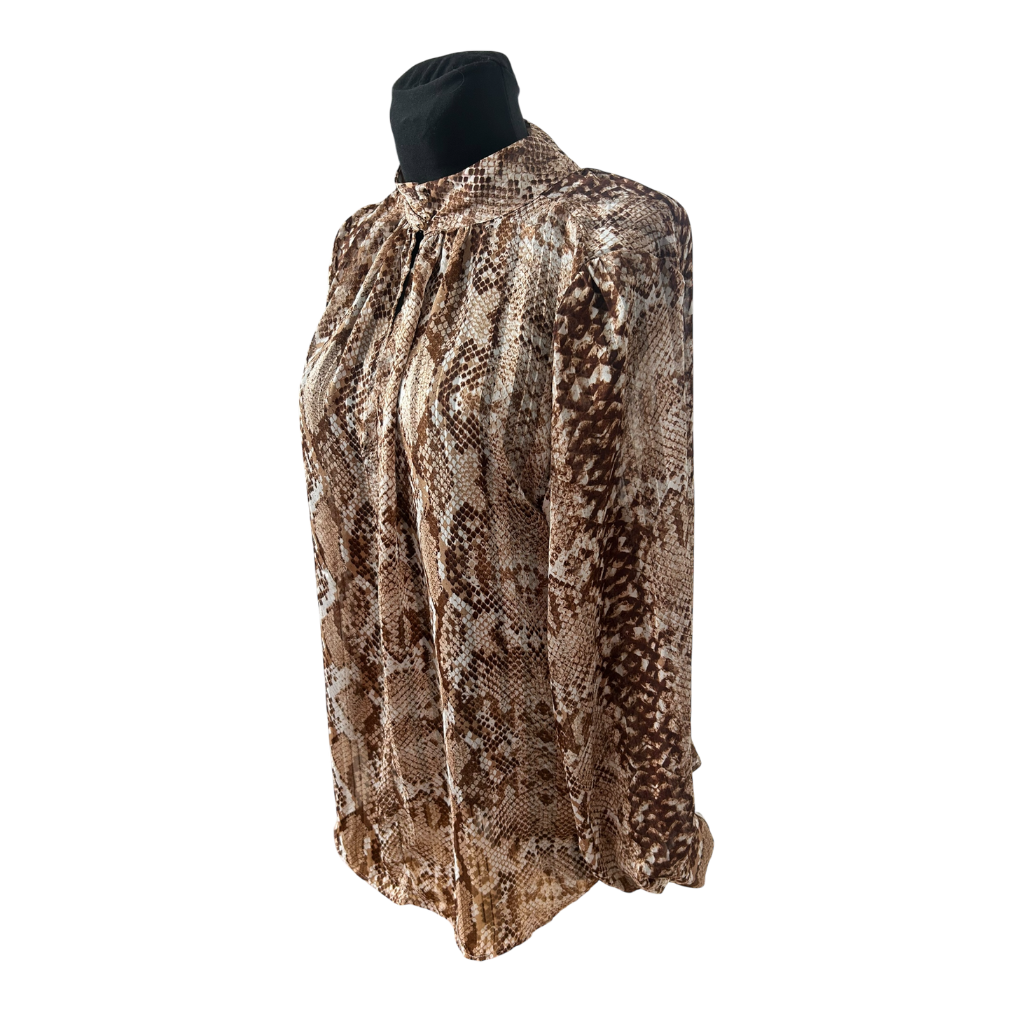 H&M Bluse Damen Gr 46 Braun Schlangenprint Stehkragen Elegant Transparent