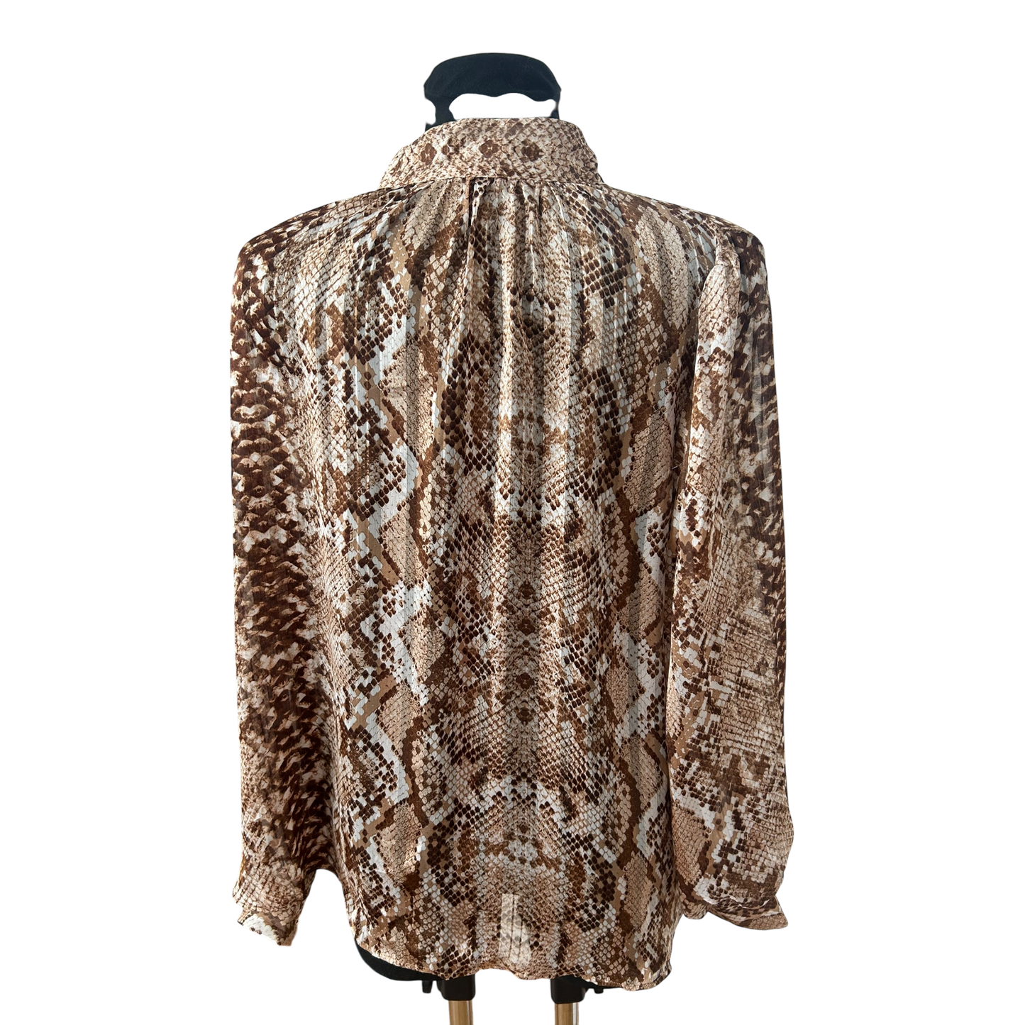 H&M Bluse Damen Gr 46 Braun Schlangenprint Stehkragen Elegant Transparent