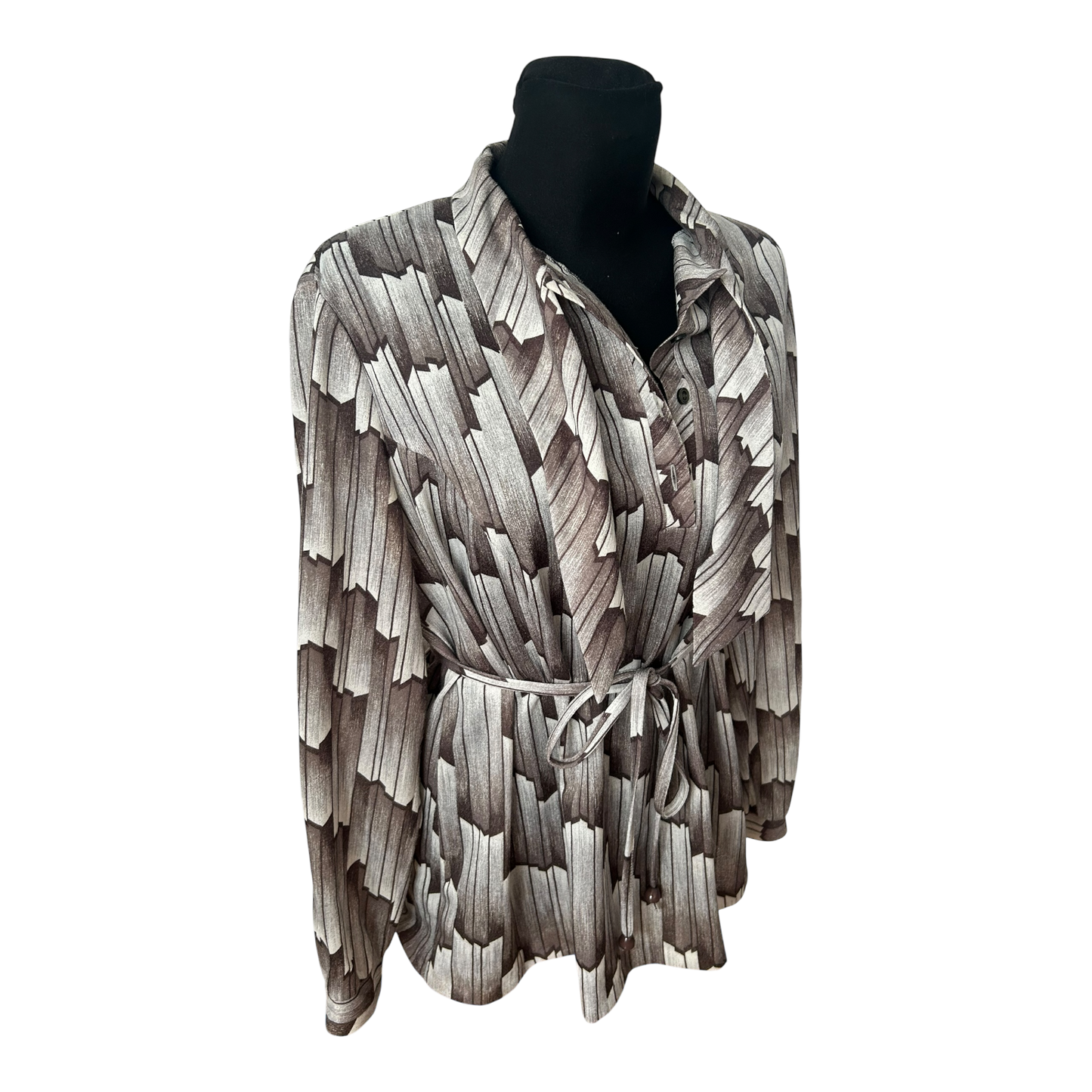 Vintage Bluse XL Braun Creme Muster Schalkragen Bindegürtel Elegant