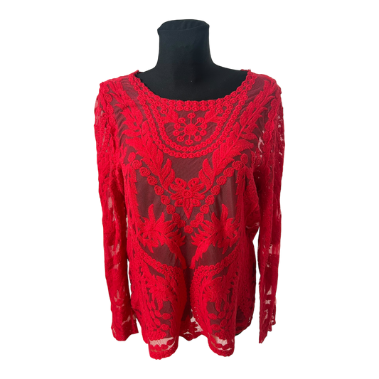 KNC Spitzenbluse Damen Gr 46 Rot Transparent Elegant Made in Germany