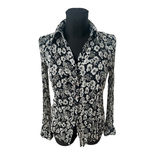 s.Oliver Bluse Damen Gr 42 Schwarz Weiss Blumen Crash Plissee